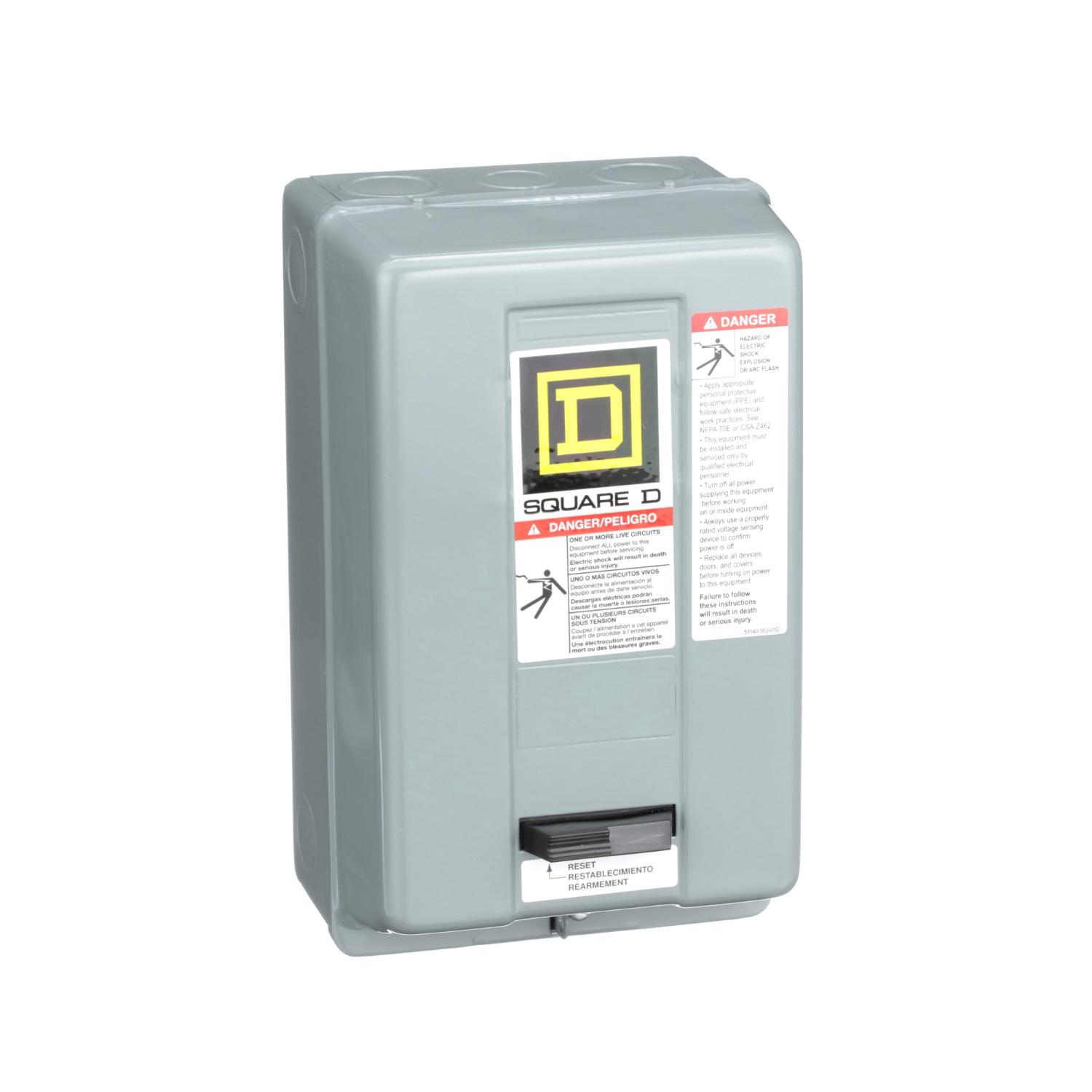 Product image for NEMA MOTOR STARTER, TYPE S, NONREVERSING, SIZE 1, 27A, 10HP AT 460VAC, 5KA SCCR, 3 PHASE, 3 POLE, MELTING ALLOY, 240VAC COIL, NEMA 1 [TAA]