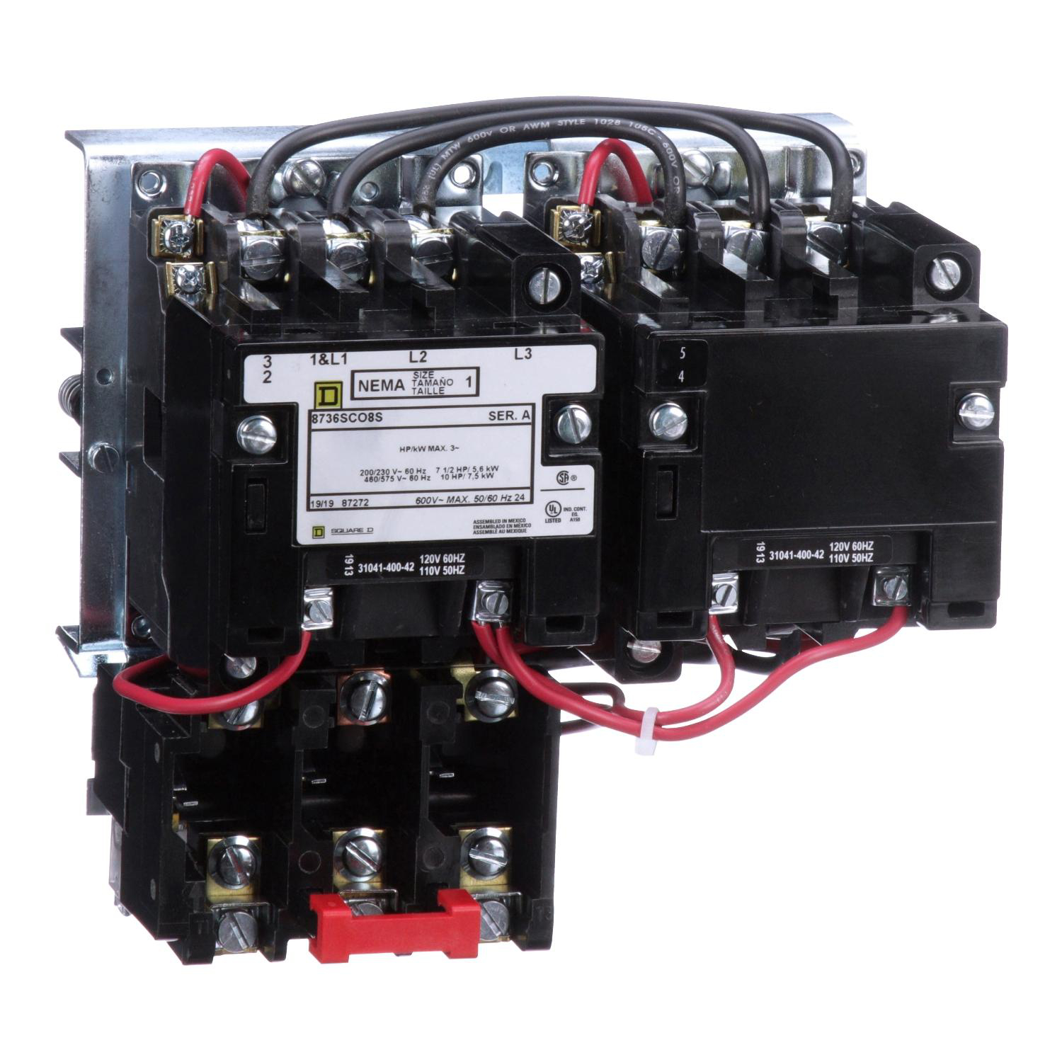 Product image for NEMA STARTER, TYPE S, REVERSING, HORIZONTAL, SIZE 1, 27A, 10HP AT 575VAC, 5KA SSCR, 3 PHASE, 3 POLE, MELTING ALLOY OVERLOAD, 120VAC COIL, OPEN [TAA]