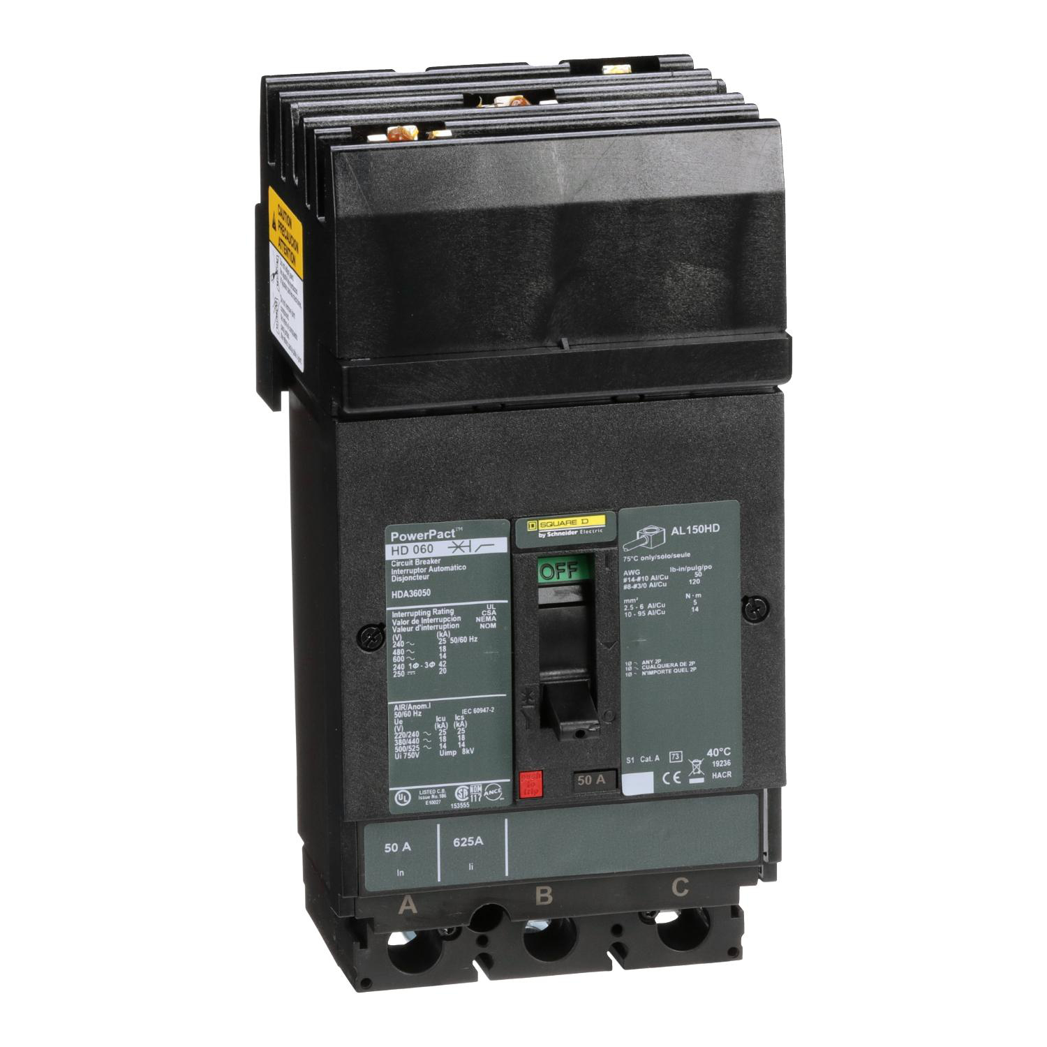 Product image for CIRCUIT BREAKER, POWERPACT H, 50A, 3 POLE, 600VAC, 14KA, I-LINE, THERMAL MAGNETIC, 80%, ABC