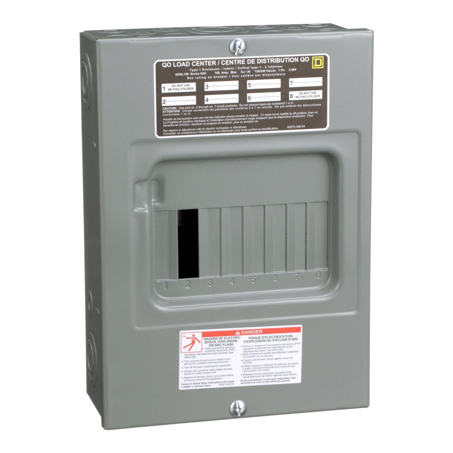 Product image for LOAD CENTER, QO, 1 PHASE, 6 SPACES, 6 CIRCUITS, 100A CONVERTIBLE MAIN LUGS, NEMA1, SURFACE COVER