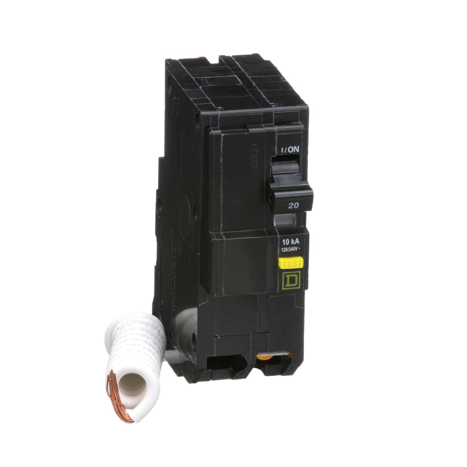 Product image for MINI CIRCUIT BREAKER, QO, 20A, 2 POLE, 120/240VAC, 10KA, PLUG IN, 6MA GRD FAULT A, PIGTAIL [TAA]
