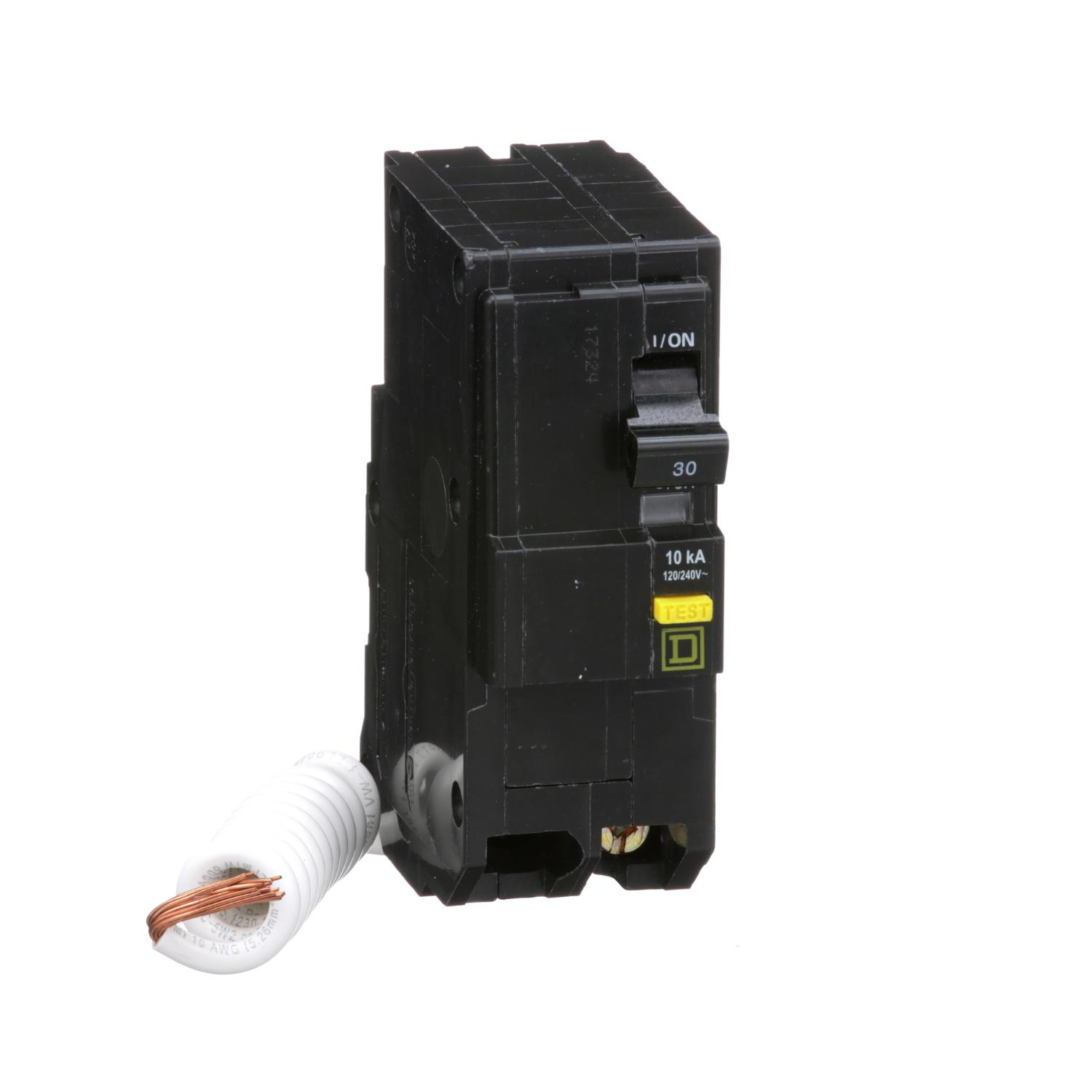 Product image for MINI CIRCUIT BREAKER, QO, 30A, 2 POLE, 120/240VAC, 10KA, PLUG IN, 6MA GRD FAULT A, PIGTAIL [TAA]