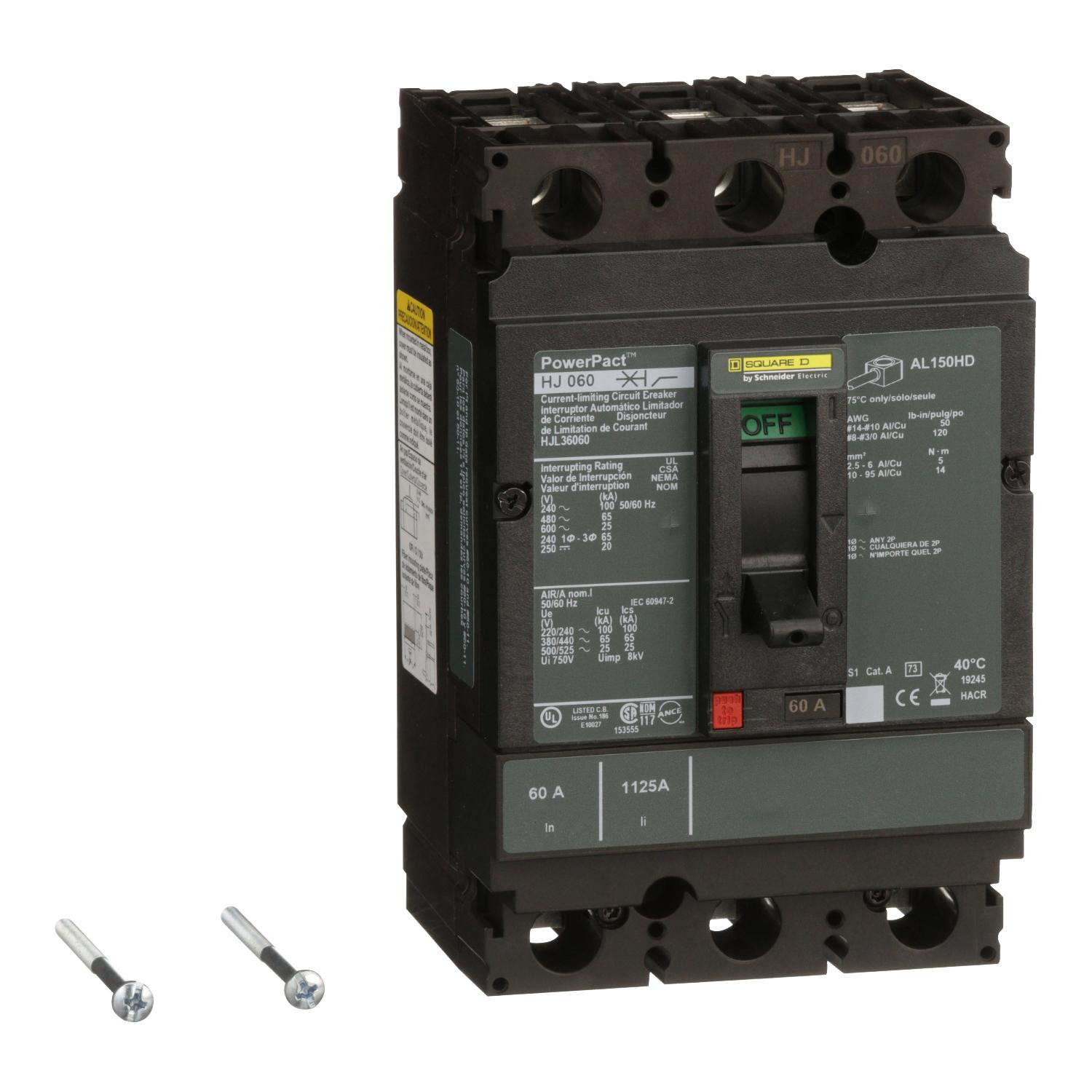Product image for CIRCUIT BREAKER, POWERPACT H, 60A, 3 POLE, 600VAC, 25KA, LUGS, THERMAL MAGNETIC, 80%