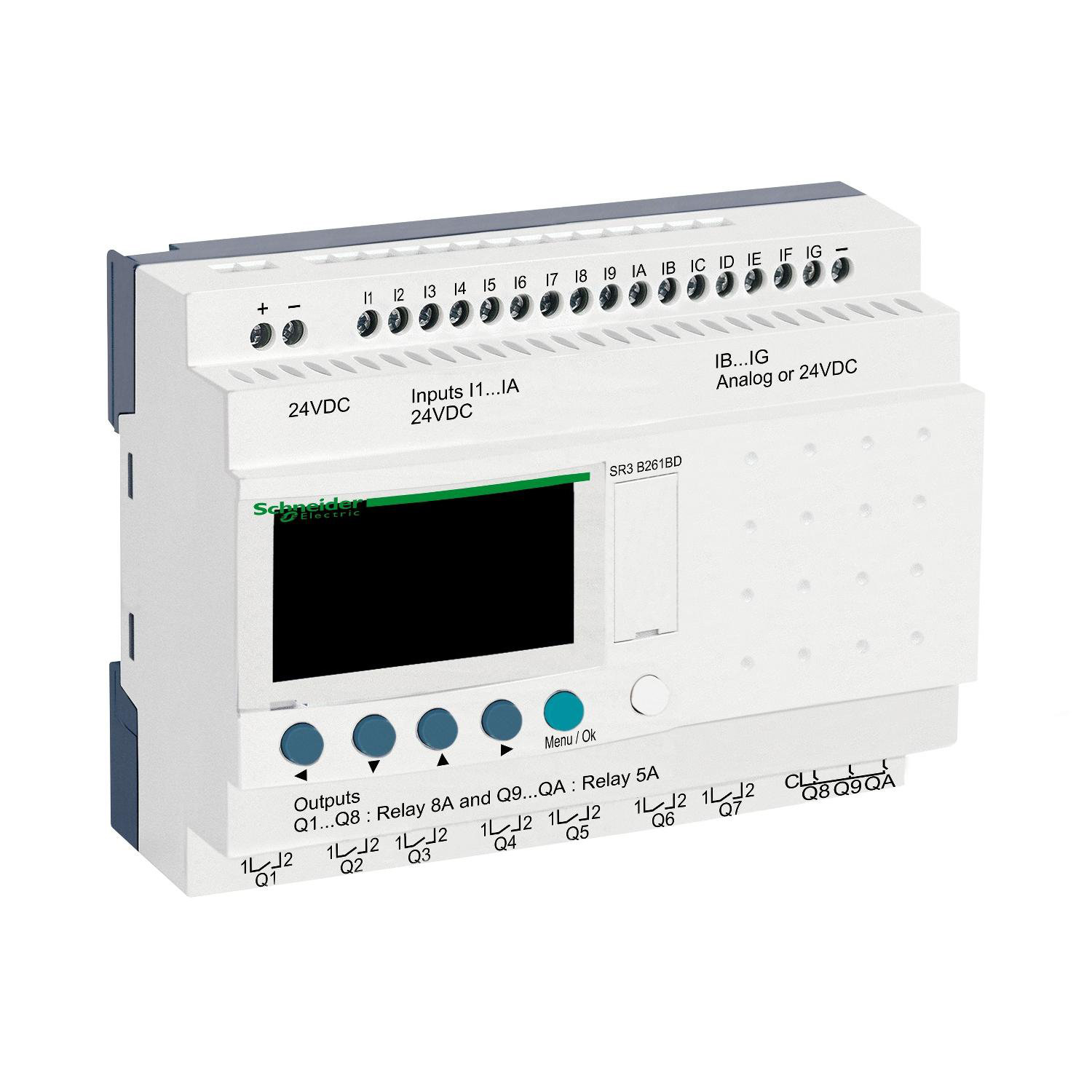 Product image for MODULAR SMART RELAY, ZELIO LOGIC SR2 SR3, 26 IO, 24V DC, CLOCK, DISPLAY, 10 RELAY OUTPUTS