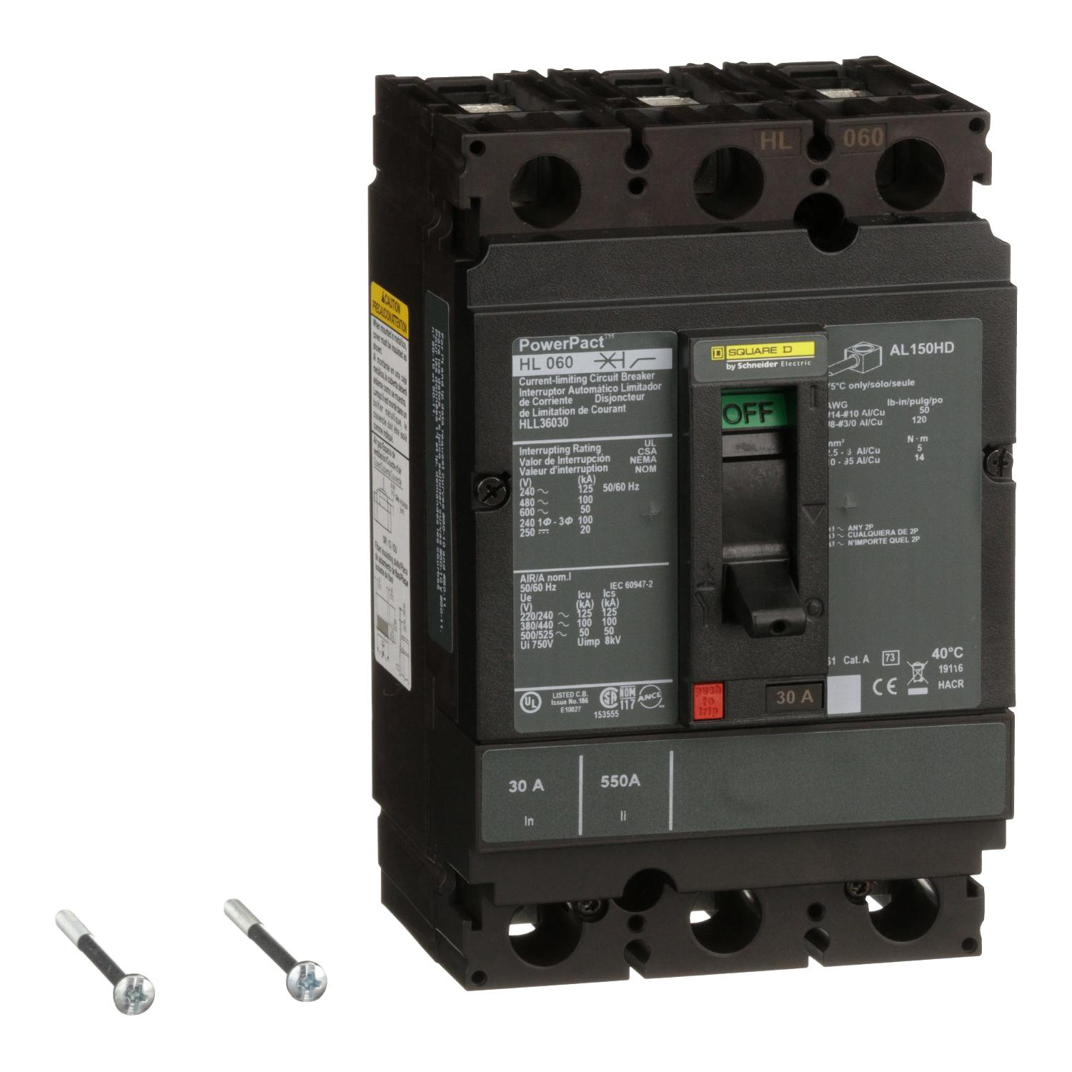 Product image for CIRCUIT BREAKER, POWERPACT H, 30A, 3 POLE, 600VAC, 50KA, LUGS, THERMAL MAGNETIC, 80%