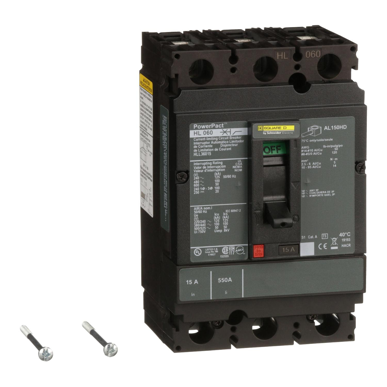 Product image for CIRCUIT BREAKER, POWERPACT H, 15A, 3 POLE, 600VAC, 50KA, LUGS, THERMAL MAGNETIC, 80%
