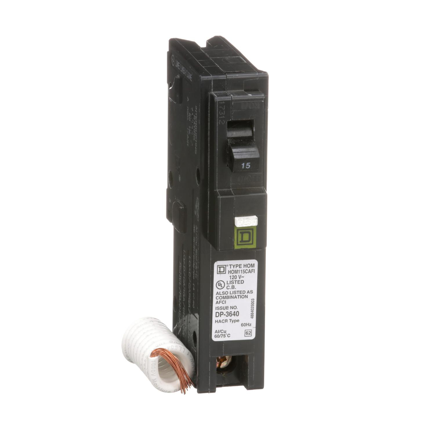 Product image for MINI CIRCUIT BREAKER, HOMELINE, 15A, 1 POLE, 120VAC, 10KA AIR, COMBO ARC FAULT, PIGTAIL NEUTRAL, PLUG IN, UL