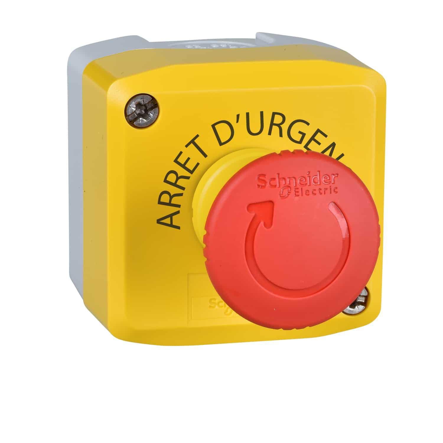 Product image for CONTROL STATION, HARMONY XALD, XALK, PLASTIC, YELLOW, 1 RED MUSHROOM HEAD PUSH BUTTON 40MM, EMERGENCY STOP TURN TO RELEASE, 1NO + 1 NC, UNMARKED