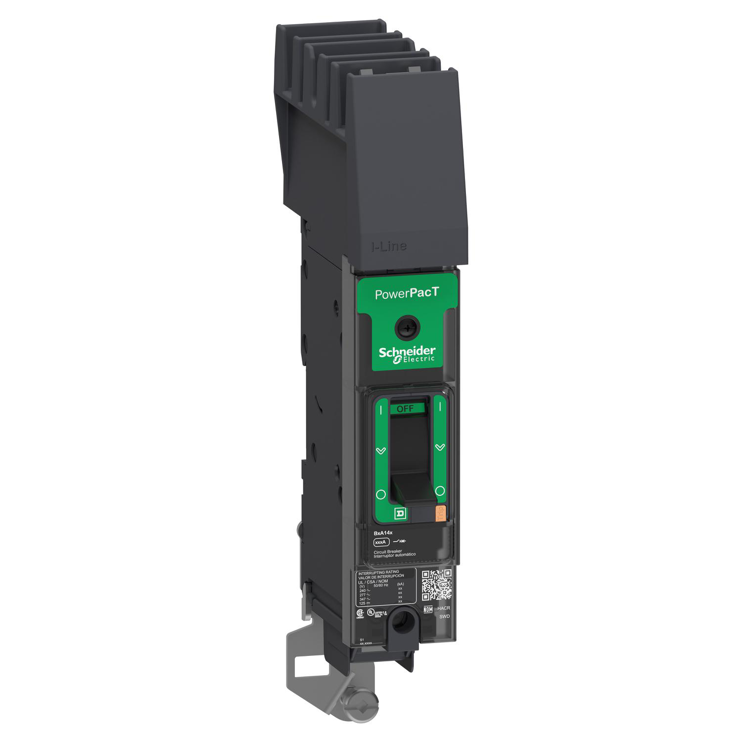 Product image for CIRCUIT BREAKER, POWERPACT B, 15A, 1 POLE, 600Y/347VAC, 14KA, I-LINE, THERMAL MAGNETIC, 80%, A