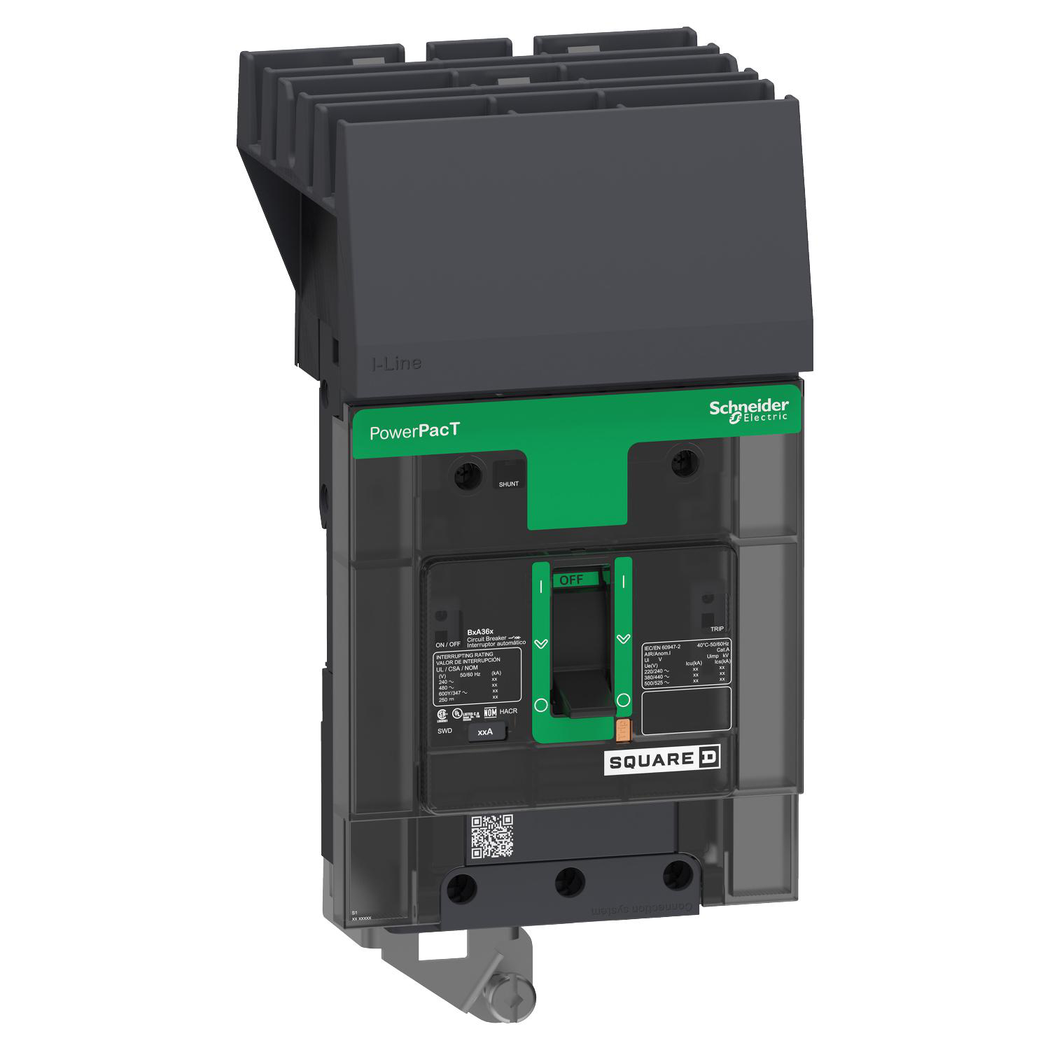 Product image for CIRCUIT BREAKER, POWERPACT B, 60A, 3 POLE, 600Y/347VAC, 25KA, I-LINE, THERMAL MAGNETIC, 80%, ABC