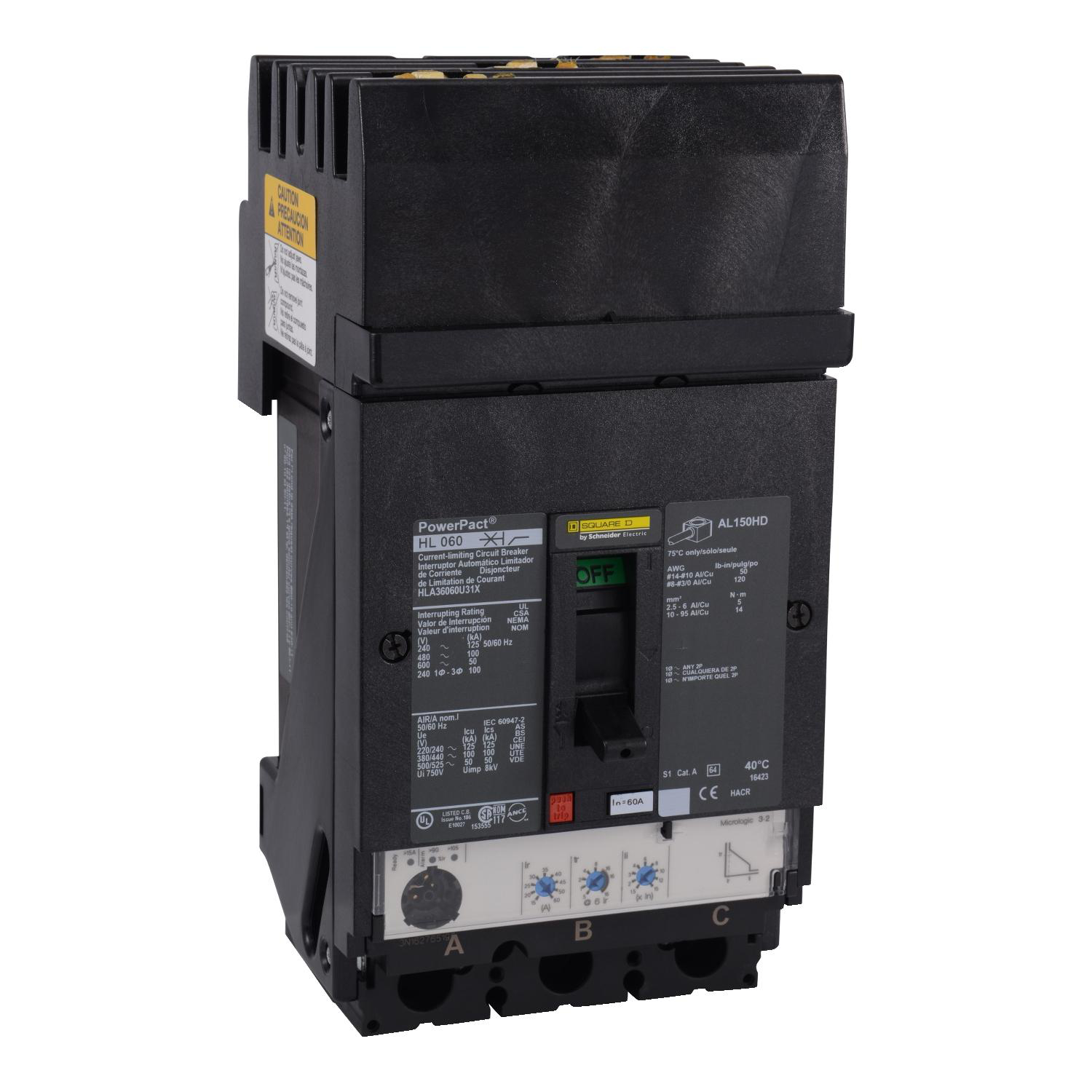 Product image for CIRCUIT BREAKER, POWERPACT H, 60A, 3 POLE, 600VAC, 50KA, I-LINE, MICROLOGIC 3.2, 80%, ABC