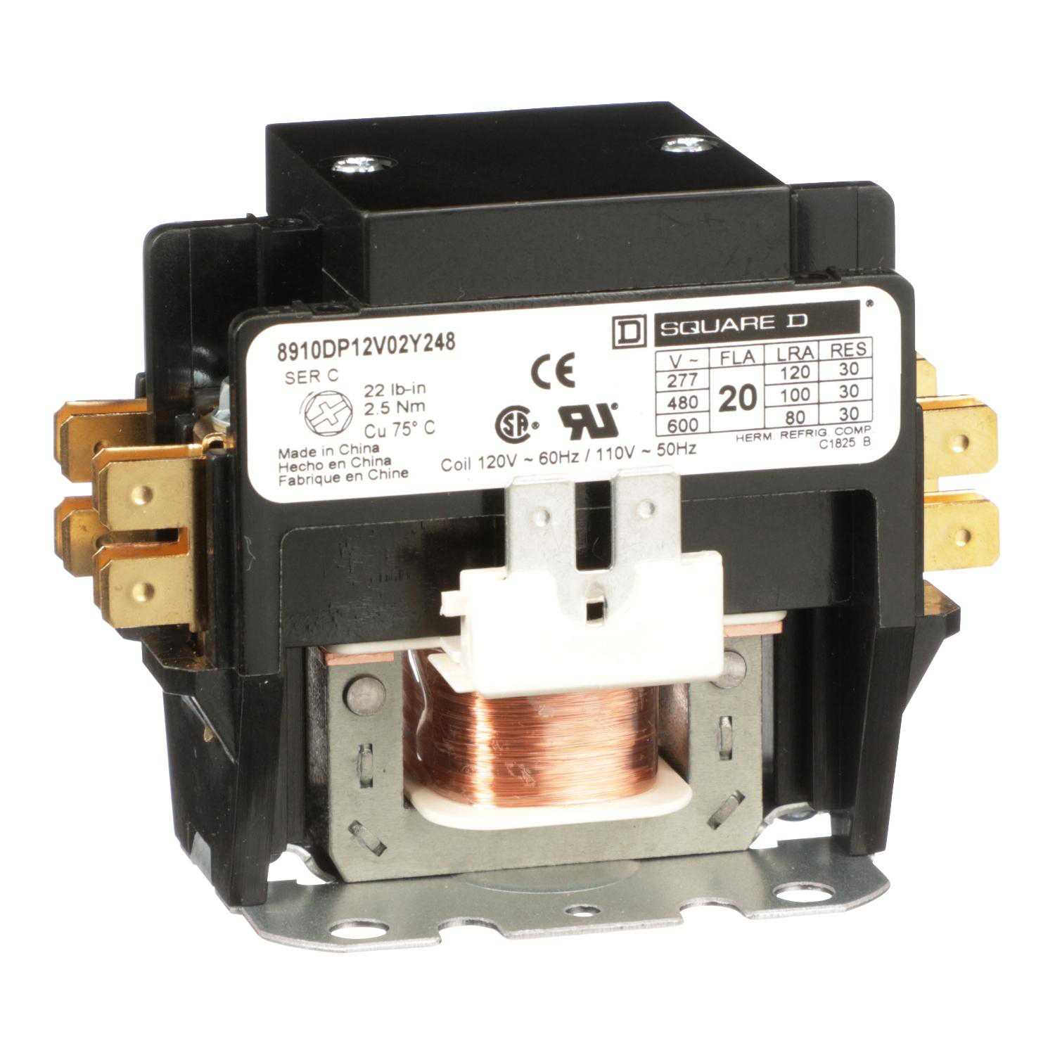 Product image for CONTACTOR, DEFINITE PURPOSE, 20A, 2 POLE, 110/120VAC 50/60HZ COIL, OPEN, WITH COVER