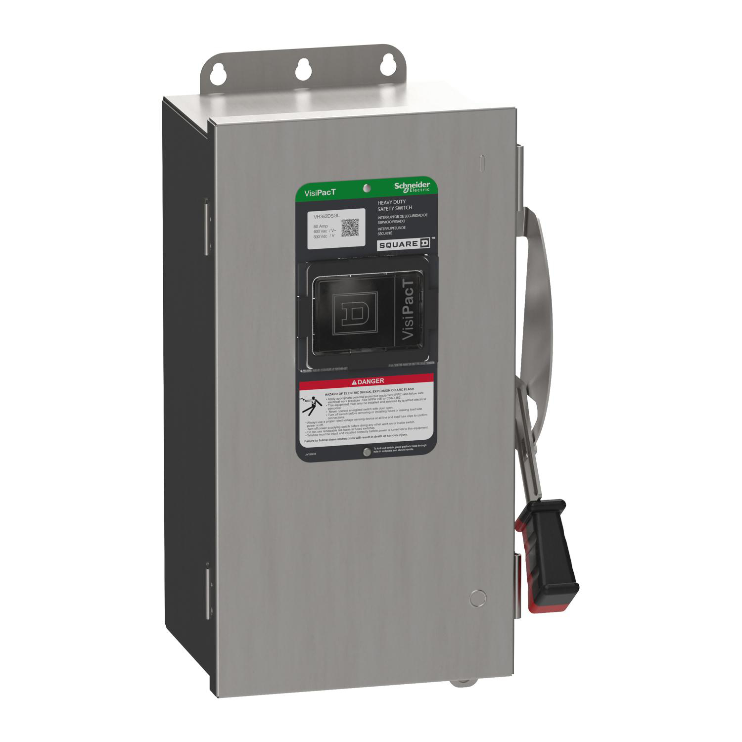 Product image for SAFETY SWITCH, VISIPACT, HEAVY DUTY, FUSED, VIEWING WINDOW, NEMA 4X, 600V, 60A, 3 POLE, GROUND LUGS