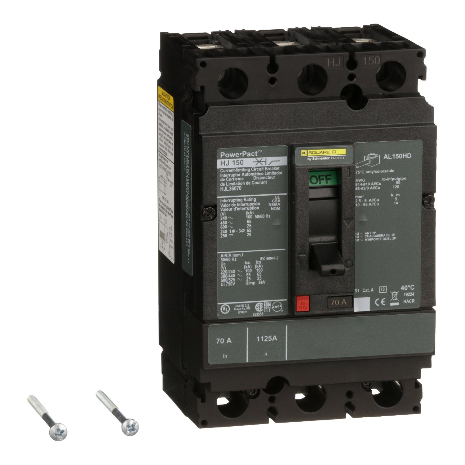 Product image for CIRCUIT BREAKER, POWERPACT H, 70A, 3 POLE, 600VAC, 25KA, LUGS, THERMAL MAGNETIC, 80%