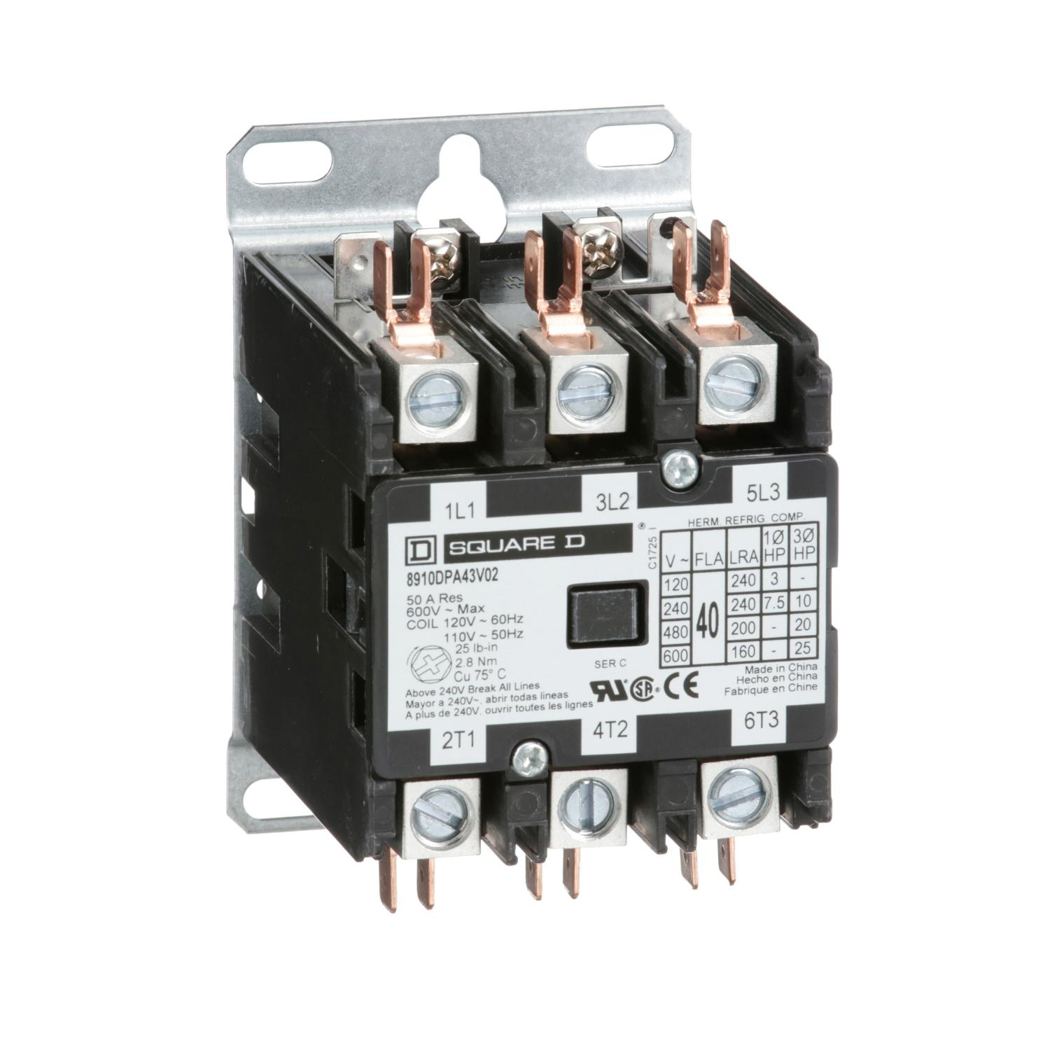 Product image for CONTACTOR, DEFINITE PURPOSE, 40A, 3 POLE, 25HP AT 575VAC, 3 PHASE, 110/120VAC 50/60HZ COIL, OPEN