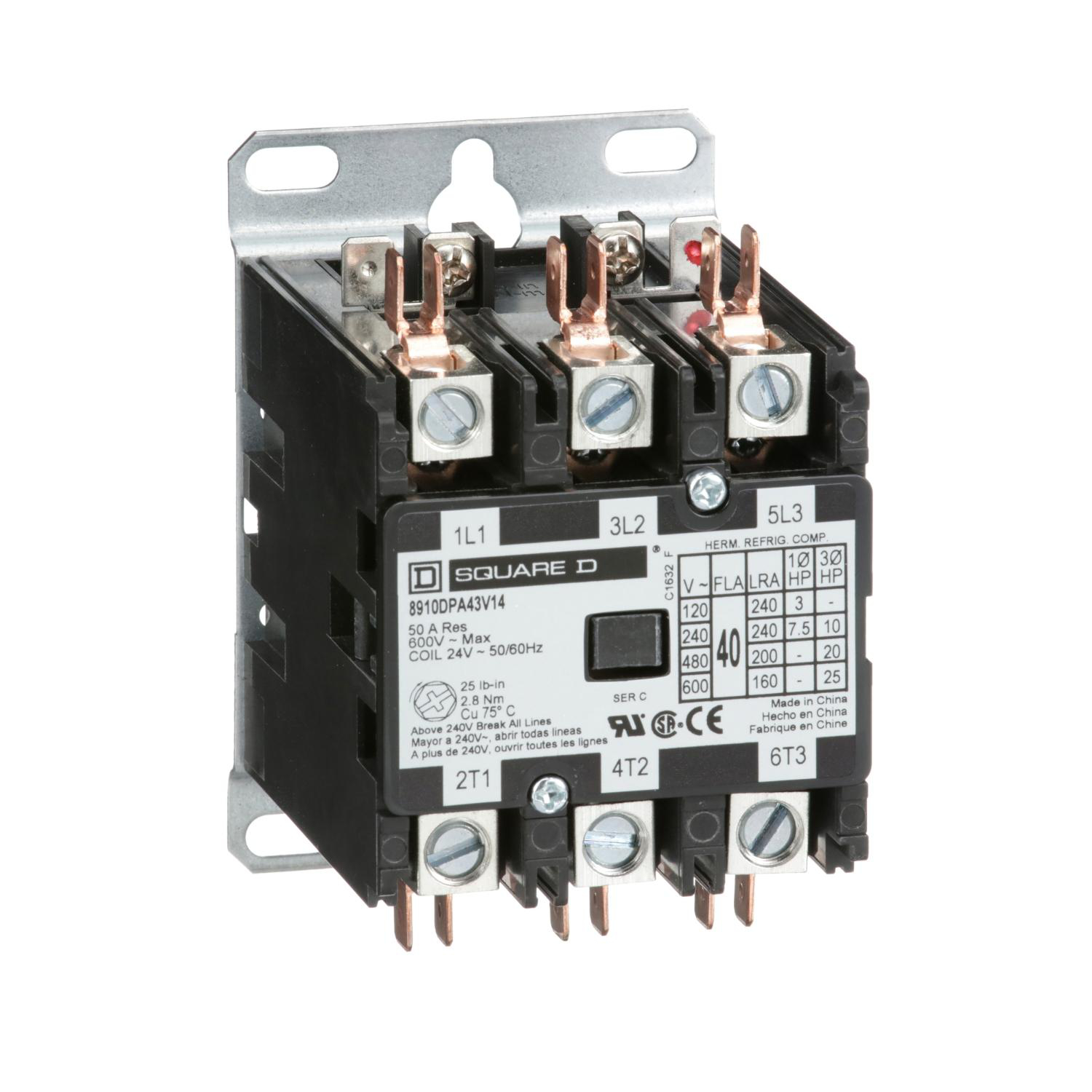 Product image for CONTACTOR, DEFINITE PURPOSE, 40A, 3 POLE, 25HP AT 575VAC, 3 PHASE, 24/24VAC 50/60HZ COIL, OPEN