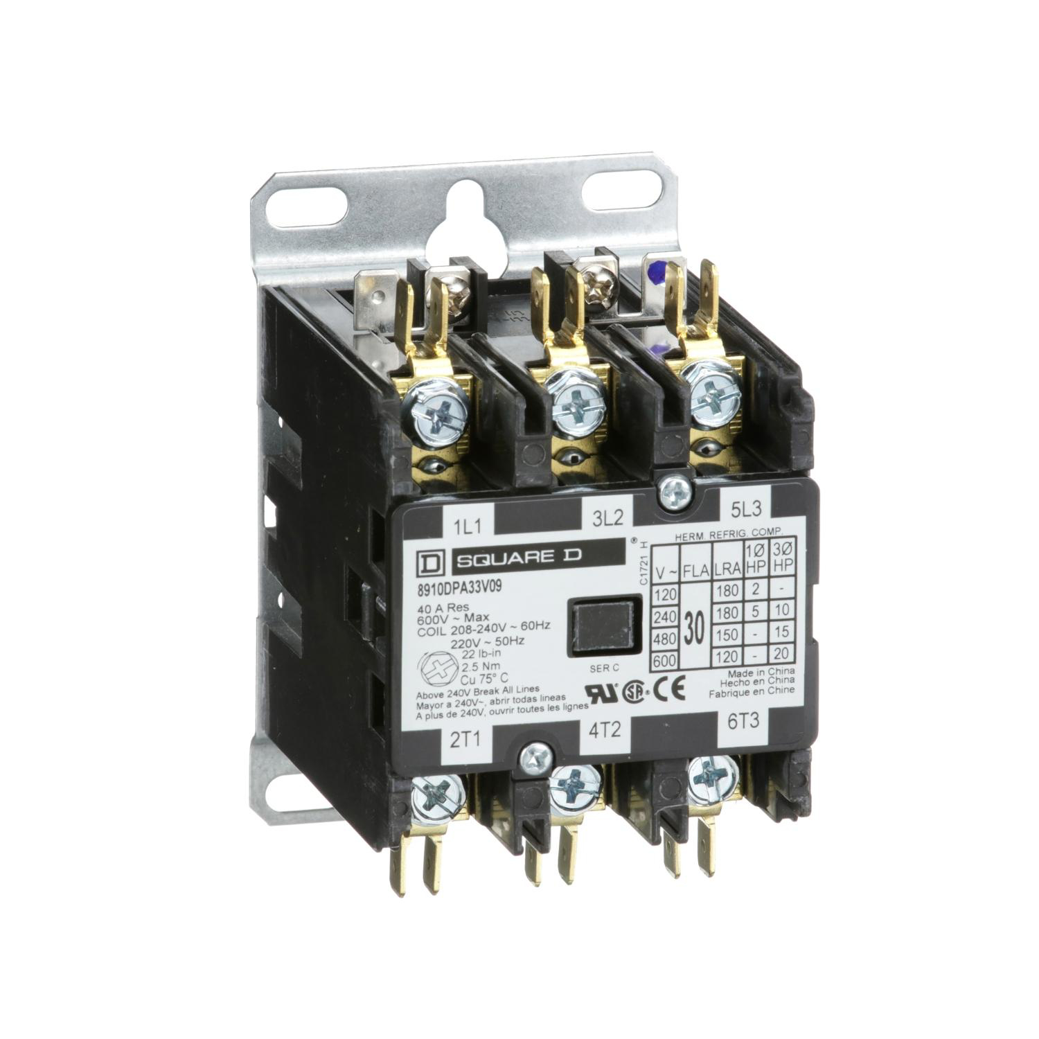 Product image for CONTACTOR, DEFINITE PURPOSE, 30A, 3 POLE, 20HP AT 575VAC, 3 PHASE, 208/240VAC 60HZ 220VAC 50HZ COIL, OPEN
