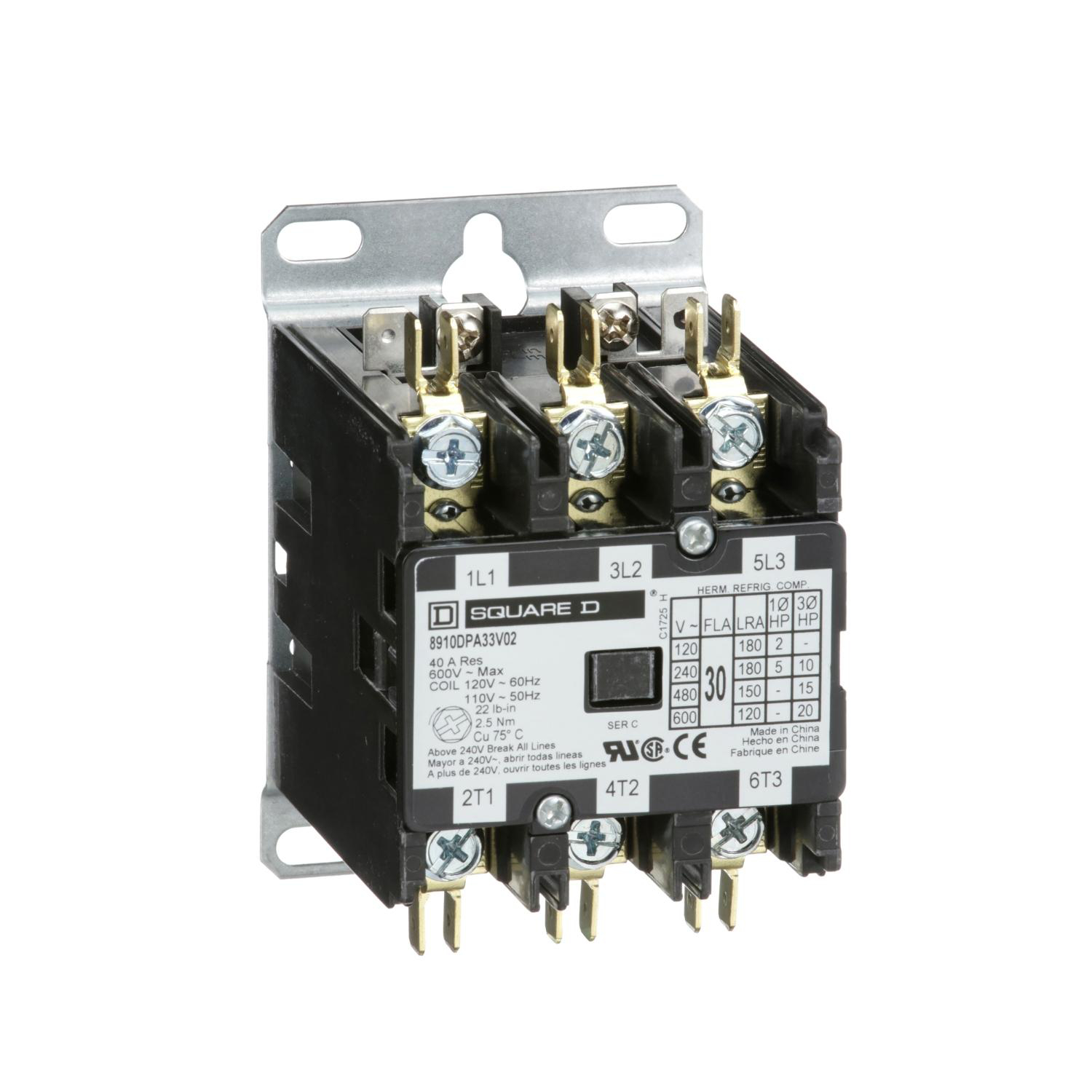 Product image for CONTACTOR, DEFINITE PURPOSE, 30A, 3 POLE, 20HP AT 575VAC, 3 PHASE, 110/120VAC 50/60HZ COIL, OPEN