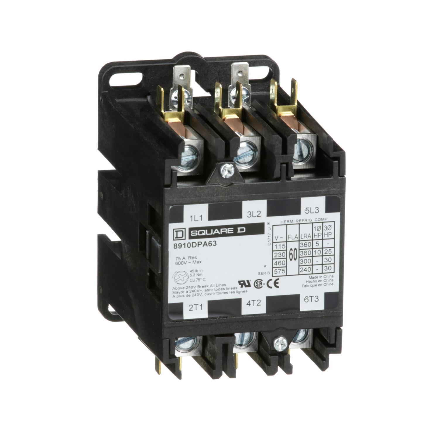 Product image for CONTACTOR, DEFINITE PURPOSE, 60A, 3 POLE, 30HP AT 575VAC, 3 PHASE, 110/120VAC 50/60HZ COIL, OPEN