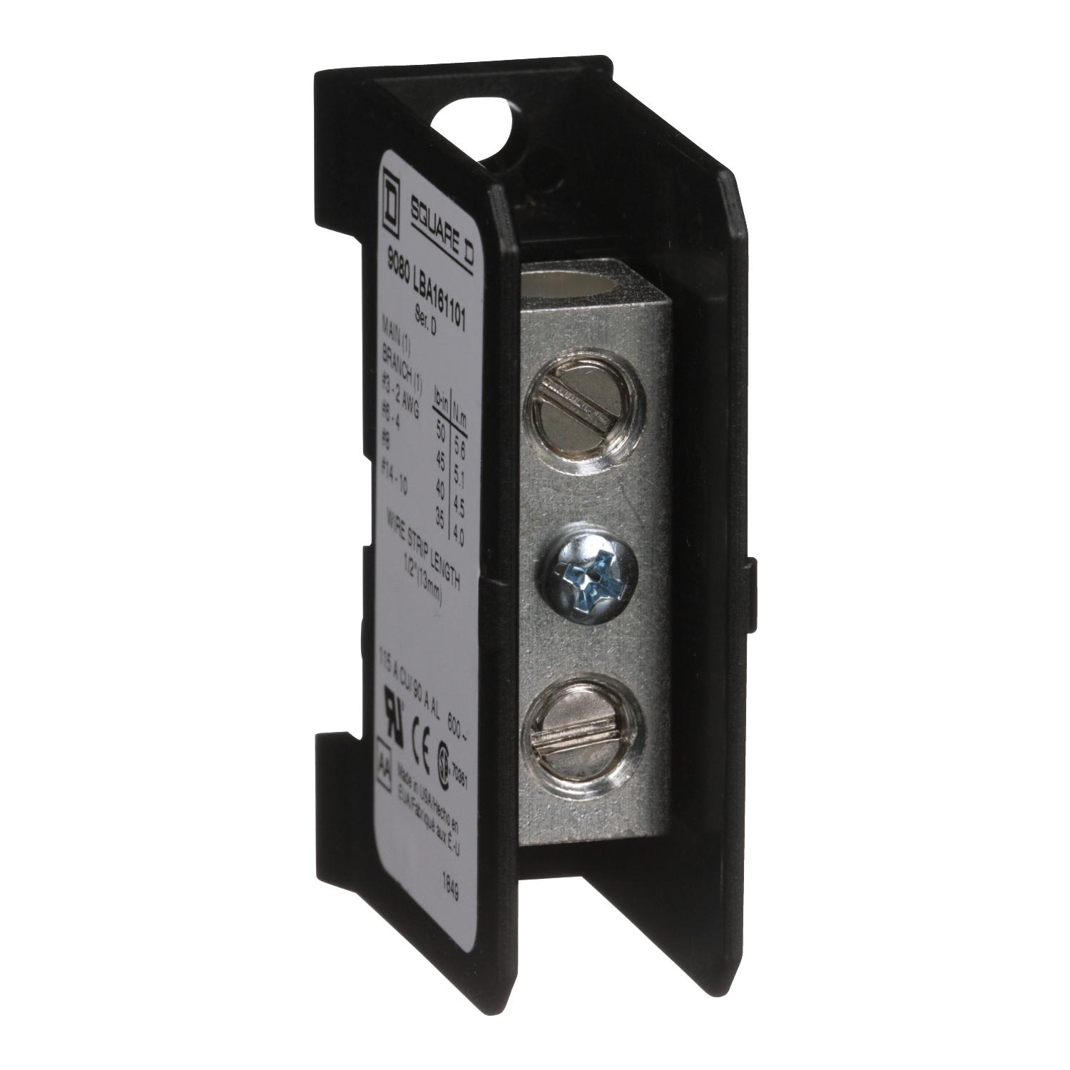 Product image for POWER DISTRIBUTION BLOCK, LINERGY, 1 POLE, 1 LINE, 1 LOAD, 115A CU, 90A AL, 600V