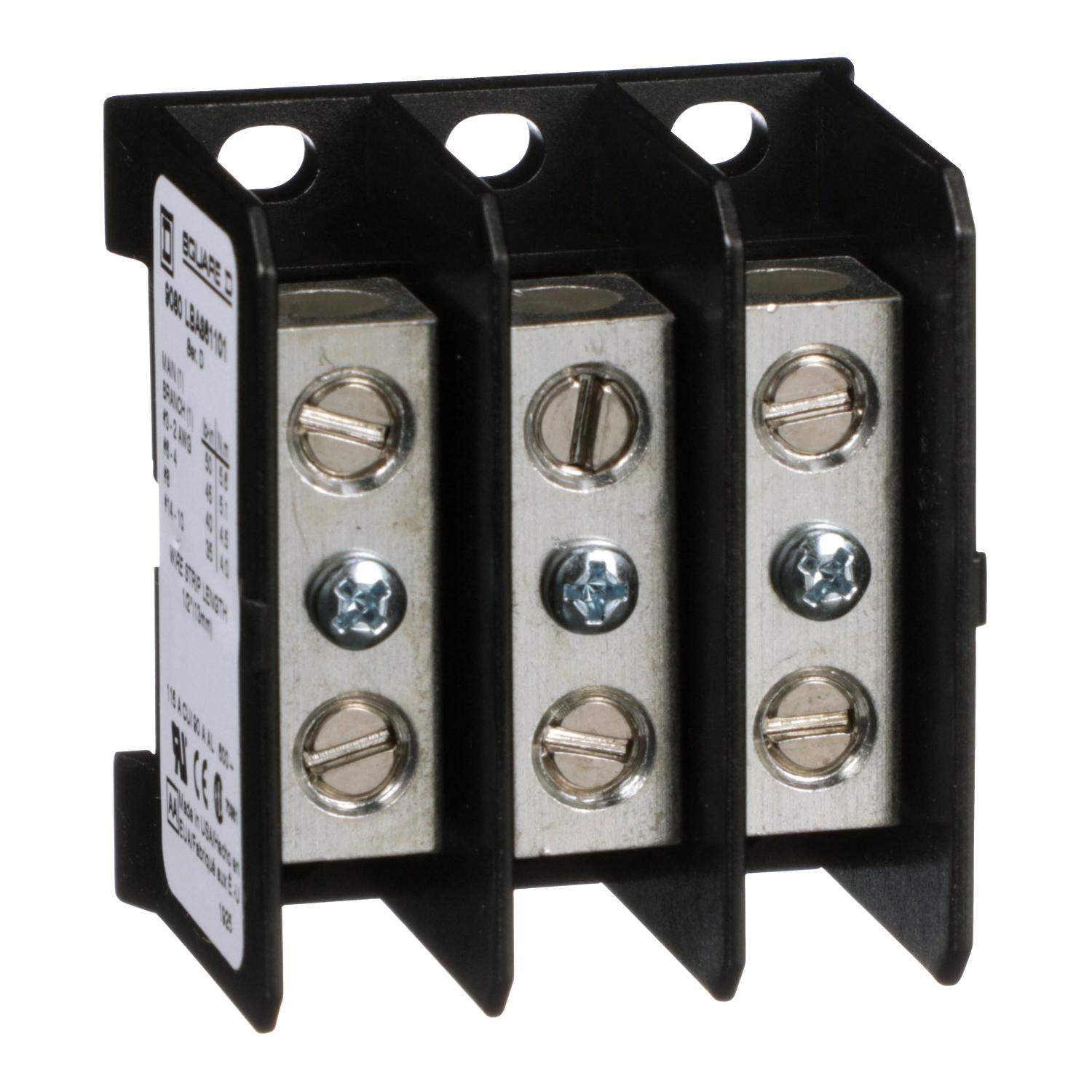 Product image for POWER DISTRIBUTION BLOCK, LINERGY, 3 POLE, 1 LINE, 1 LOAD, 115A CU, 90A AL, 600V