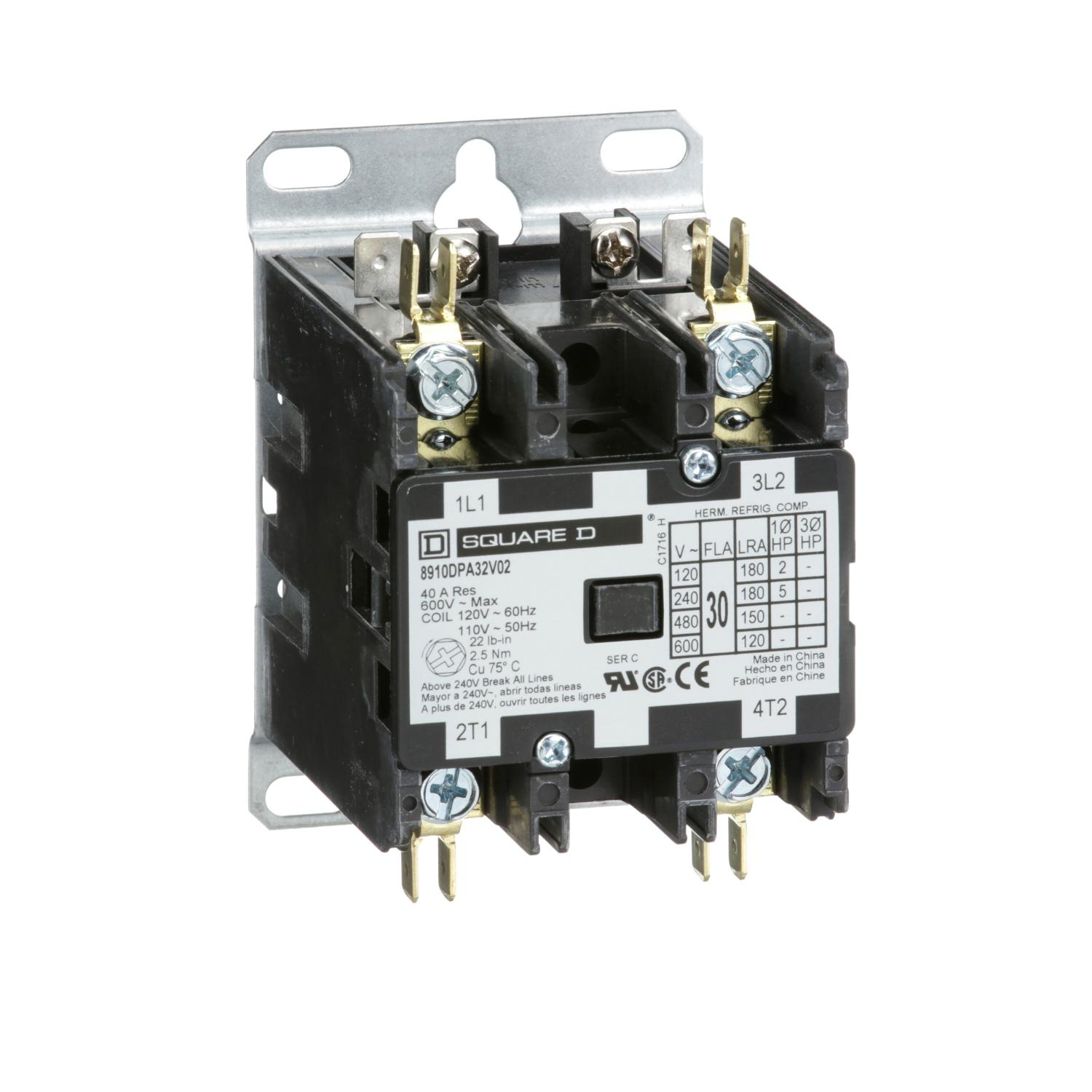 Product image for CONTACTOR, DEFINITE PURPOSE, 30A, 2 POLE, 5HP AT 230VAC, 1 PHASE, 110/120VAC COIL AT 50/60HZ, OPEN