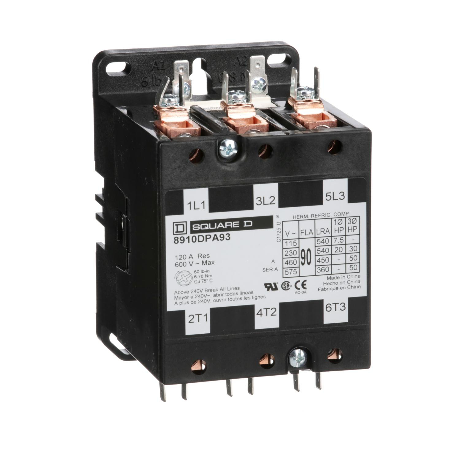 Product image for CONTACTOR, DEFINITE PURPOSE, 90A, 3 POLE, 50HP AT 575VAC, 3 PHASE, 110/120VAC 50/60HZ COIL, OPEN