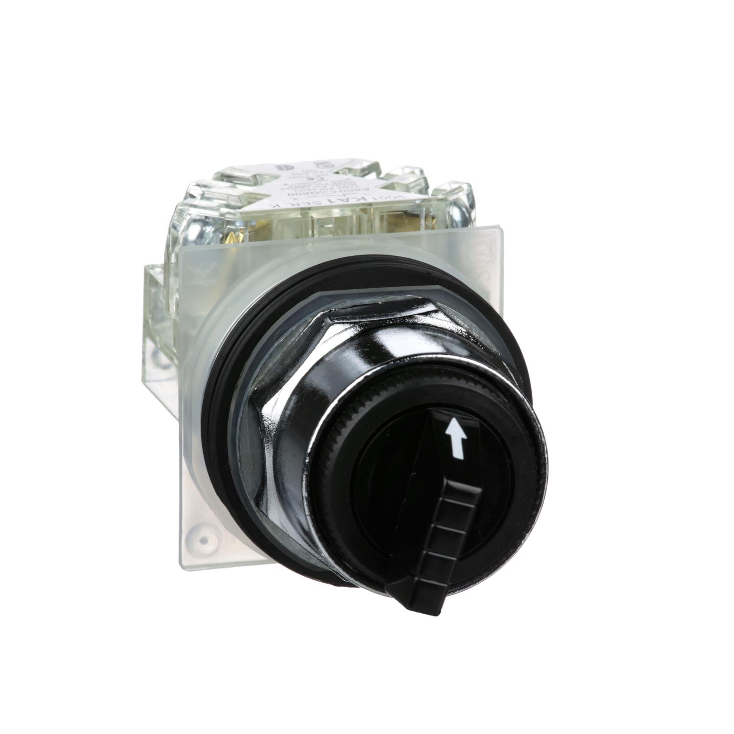 Product image for 30MM PUSH BUTTON, TYPE K, SELECTOR SWITCH, 3 POSITION, C CAM, BLACK KNOB, 1NO AND 1NC