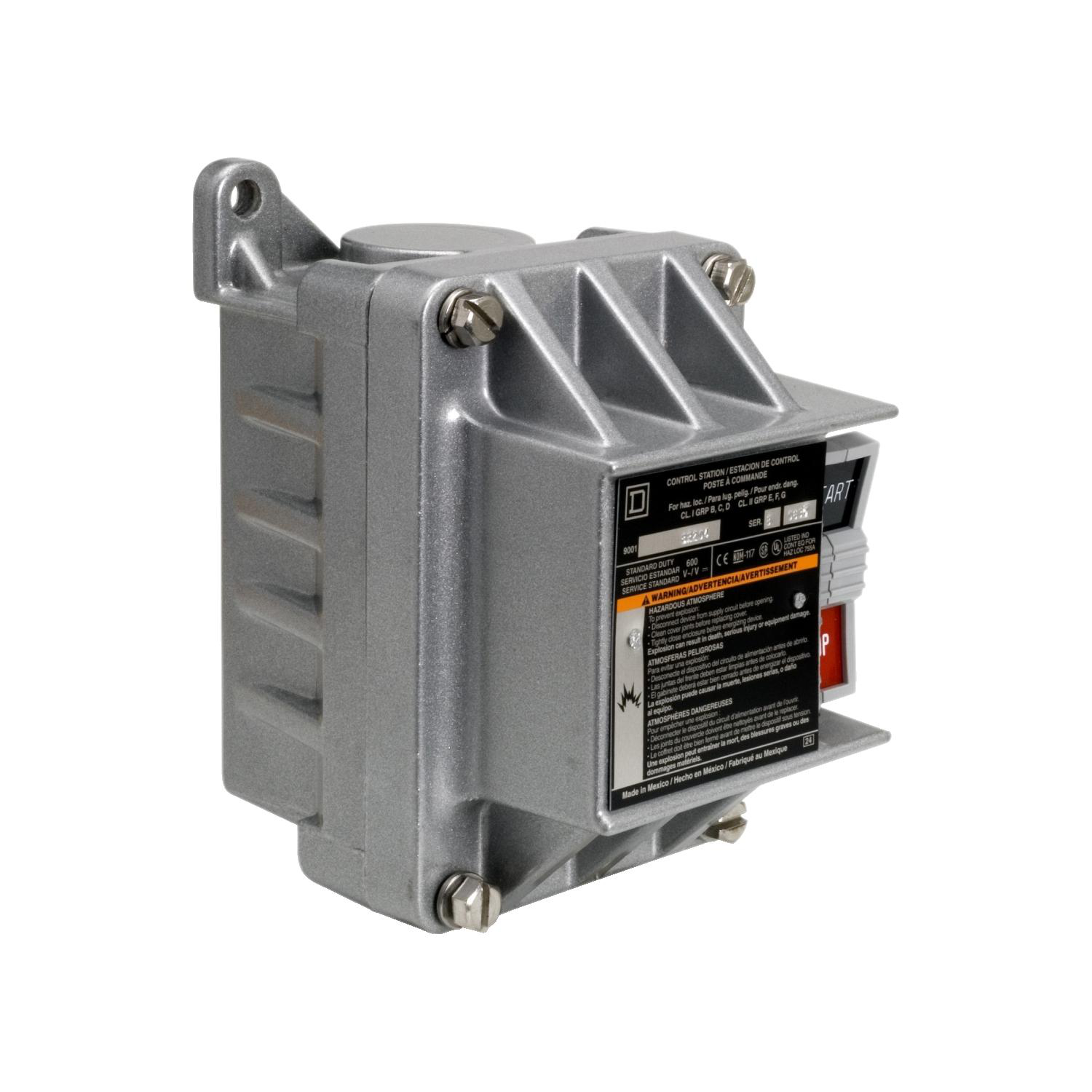 Product image for COMPLETE CONTROL STATION, HARMONY 9001B, 2 PUSH BUTTONS START-STOP, WITH LOCKOUT, 5A, 600V AC, 1NO + 1NC NEMA 7/9