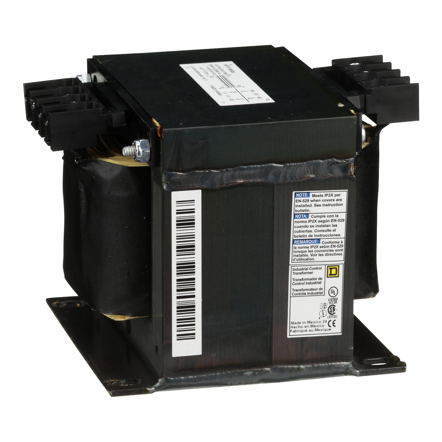 Product image for TRANSFORMER, TYPE T, INDUSTRIAL CONTROL, 1000VA, 1 PHASE, 600V PRIMARY, 120V SECONDARY, 115C RISE