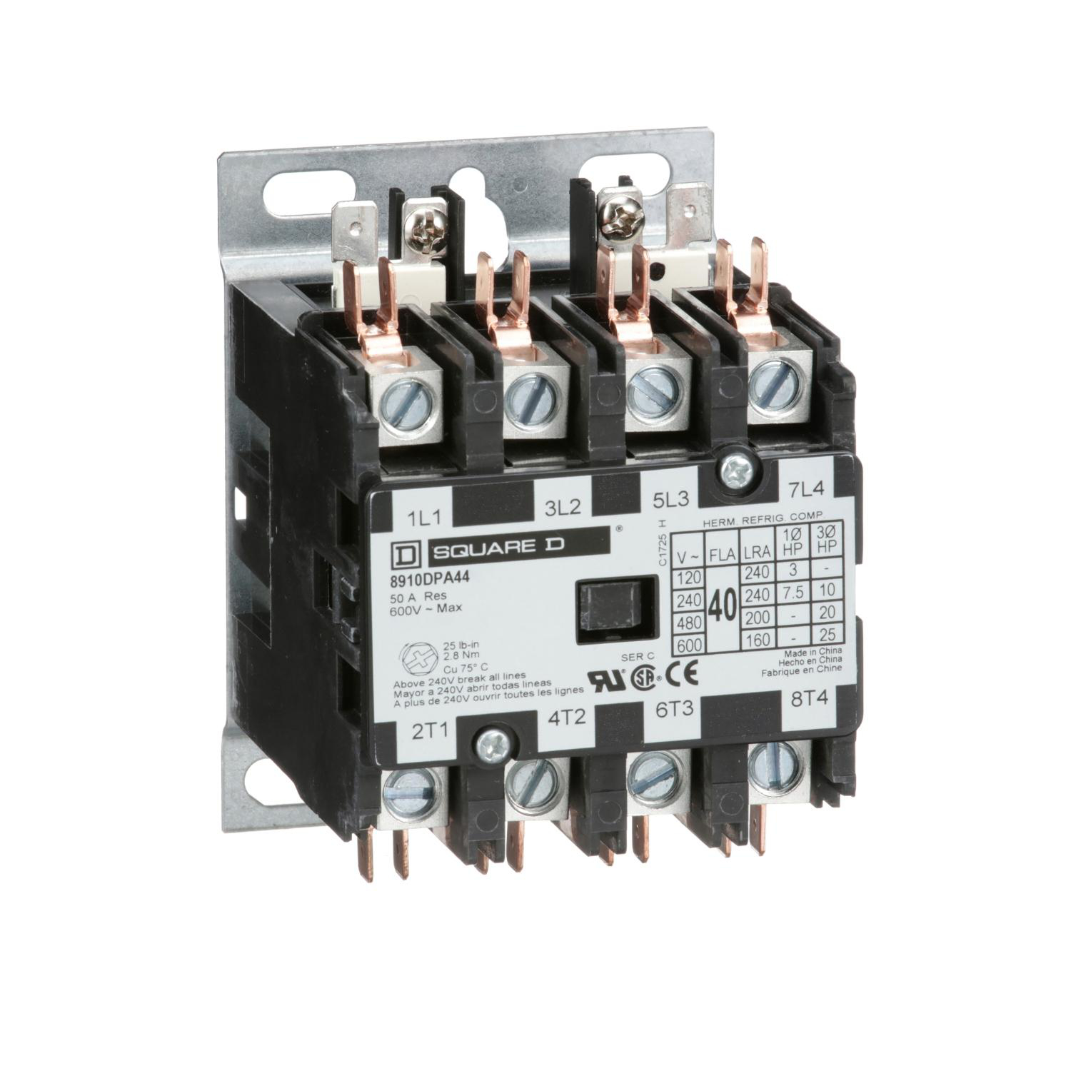 Product image for CONTACTOR, DEFINITE PURPOSE, 40A, 4 POLE, 25HP AT 575VAC, 3 PHASE, 208/240VAC 60HZ 220VAC 50HZ COIL, OPEN