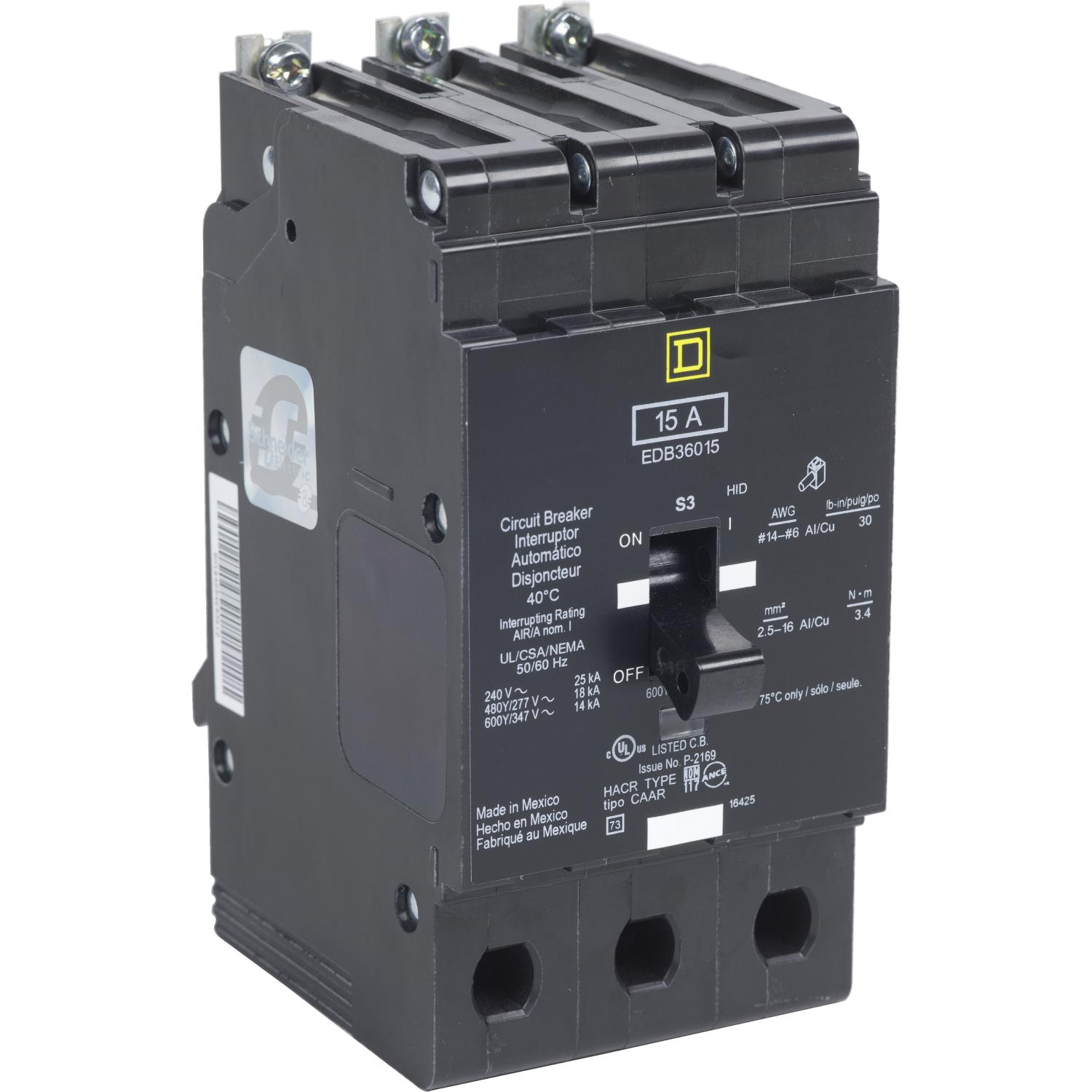 Product image for MINI CIRCUIT BREAKER, E-FRAME, 30A, 3 POLE, 600Y/347VAC, 65KA MAX, BOLT ON [TAA]