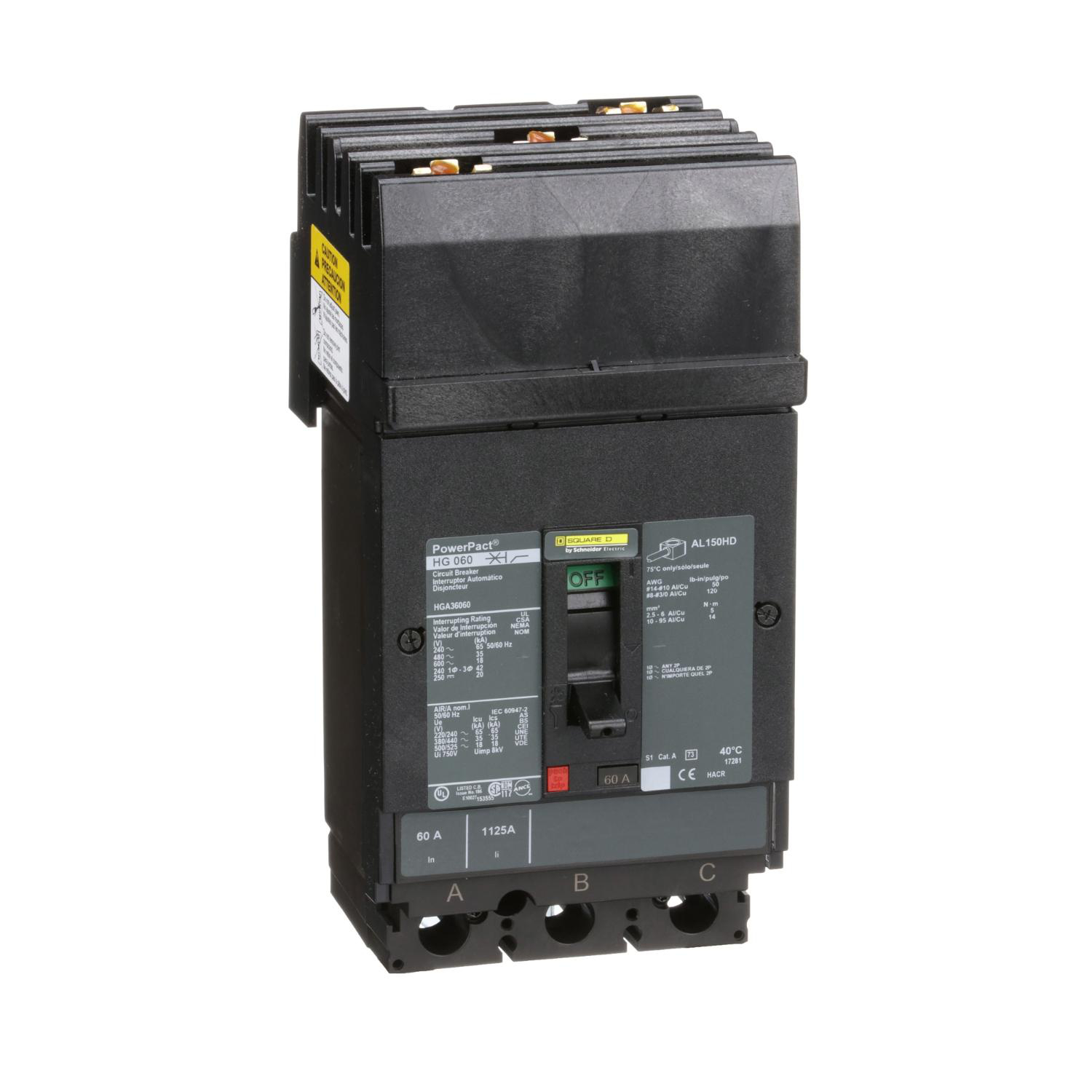 Product image for CIRCUIT BREAKER, POWERPACT H, 60A, 3 POLE, 600VAC, 18KA, I-LINE, THERMAL MAGNETIC, 80%, ABC