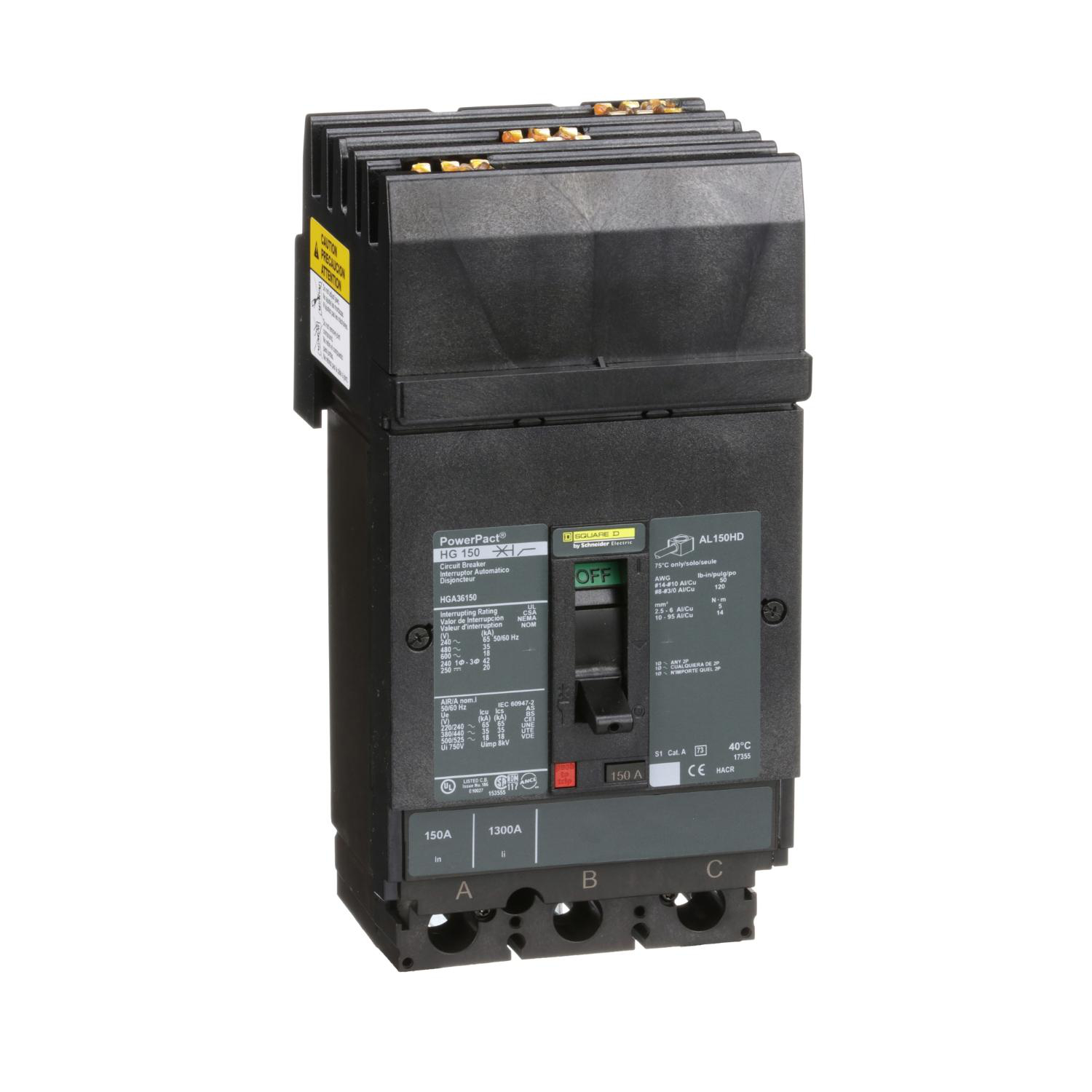Product image for CIRCUIT BREAKER, POWERPACT H, 150A, 3 POLE, 600VAC, 18KA, I-LINE, THERMAL MAGNETIC, 80%, ABC