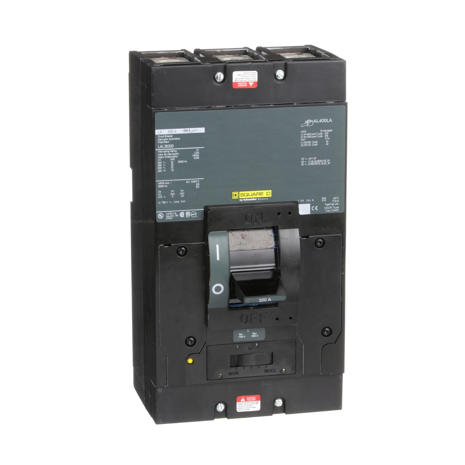 Product image for CIRCUIT BREAKER, LA, 300A, 3 POLE, 600VAC, 22KA, 250VDC, 10KA, LUGS, THERMAL MAGNETIC