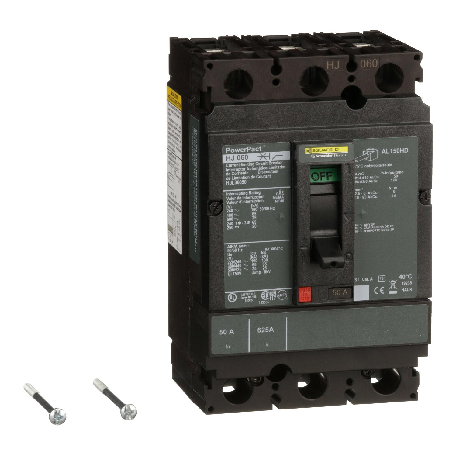Product image for CIRCUIT BREAKER, POWERPACT H, 50A, 3 POLE, 600VAC, 25KA, LUGS, THERMAL MAGNETIC, 80%