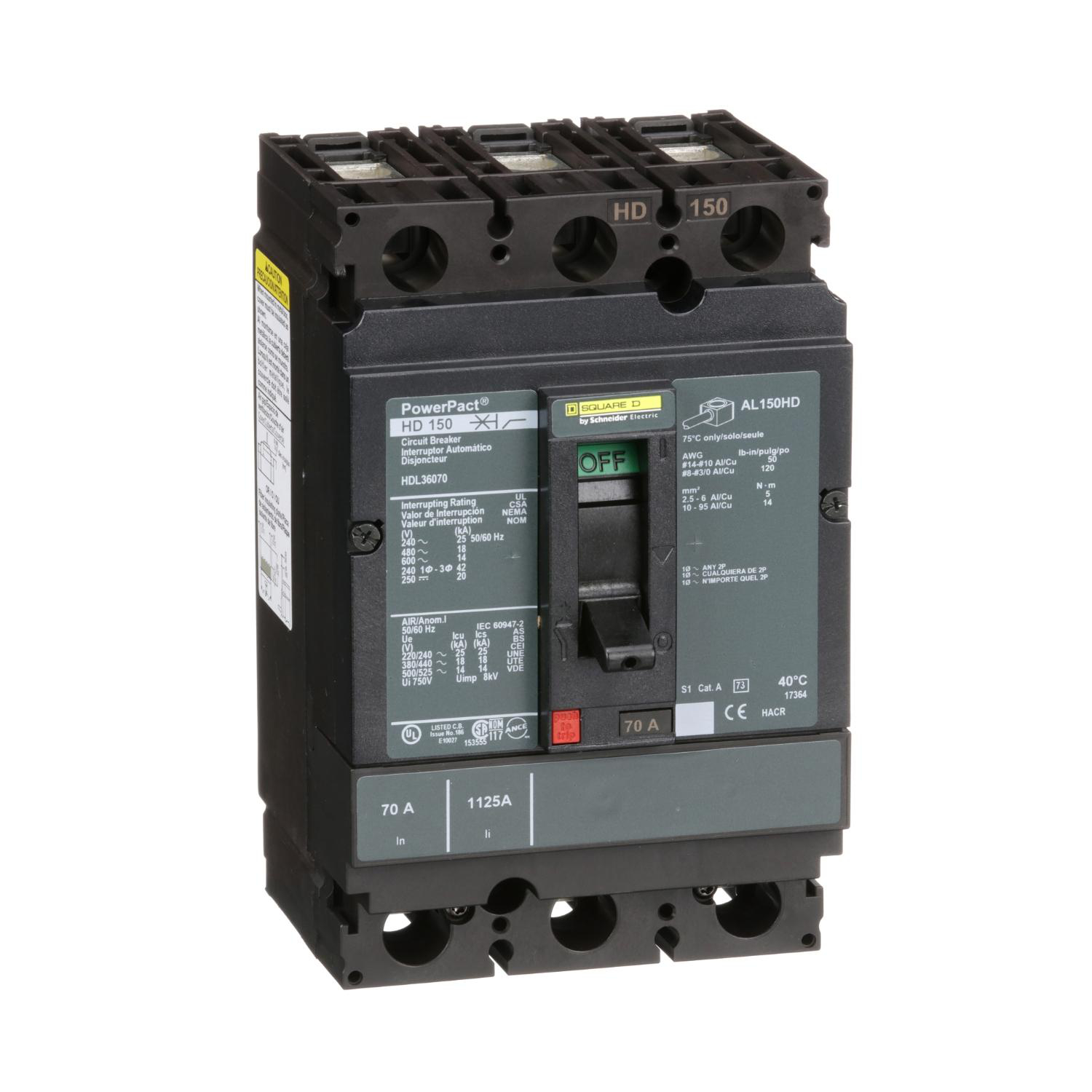 Product image for CIRCUIT BREAKER, POWERPACT H, 70A, 3 POLE, 600VAC, 14KA, LUGS, THERMAL MAGNETIC, 80%