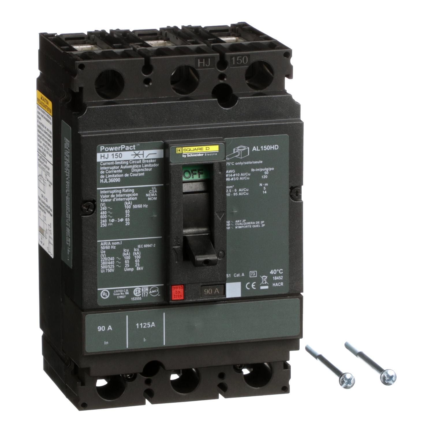 Product image for CIRCUIT BREAKER, POWERPACT H, 90A, 3 POLE, 600VAC, 25KA, LUGS, THERMAL MAGNETIC, 80%