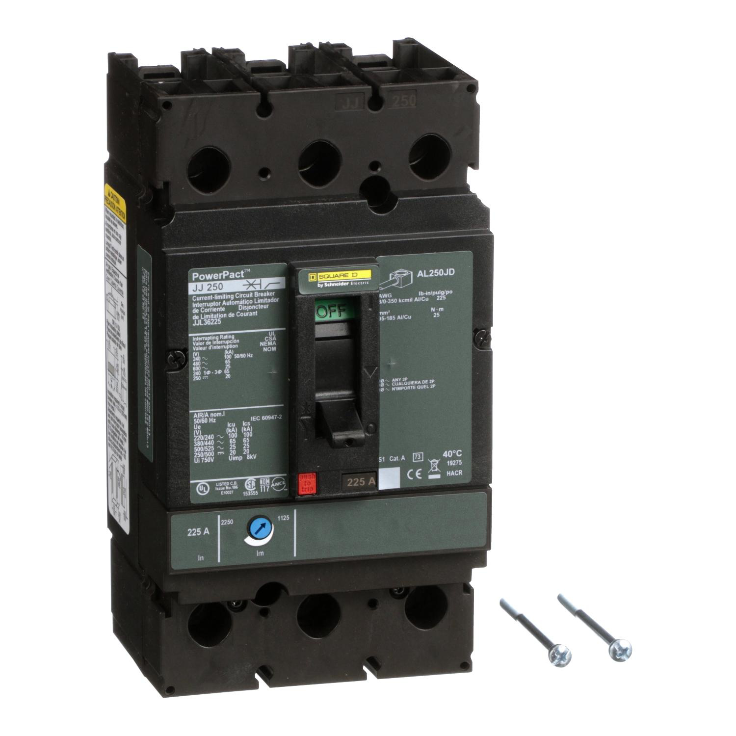 Product image for CIRCUIT BREAKER, POWERPACT J, 225A, 3 POLE, 600VAC, 25KA, LUGS, THERMAL MAGNETIC, 80%
