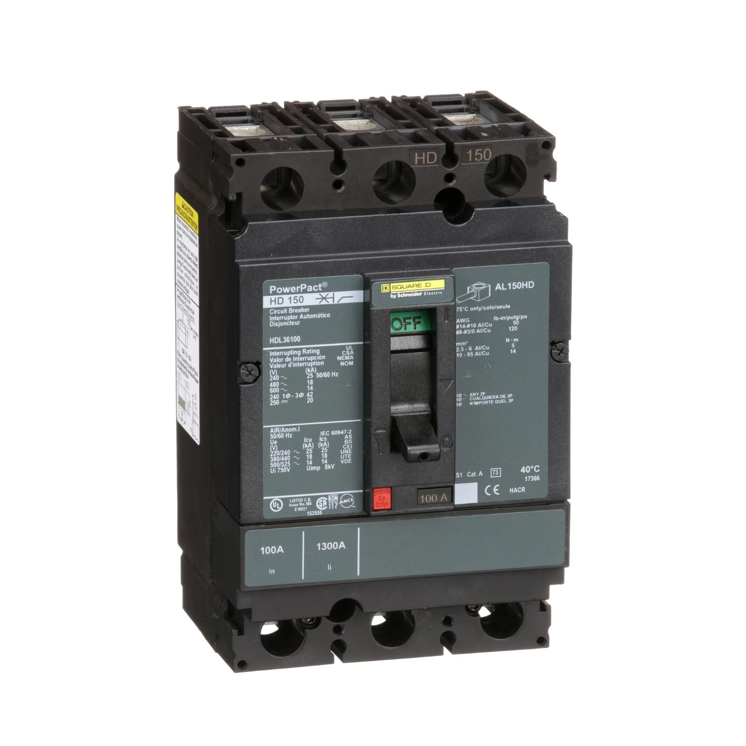 Product image for CIRCUIT BREAKER, POWERPACT H, 100A, 3 POLE, 600VAC, 14KA, LUGS, THERMAL MAGNETIC, 80%