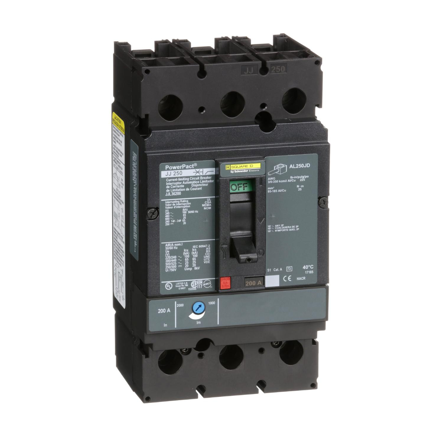 Product image for CIRCUIT BREAKER, POWERPACT J, 200A, 3 POLE, 600VAC, 25KA, LUGS, THERMAL MAGNETIC, 80%