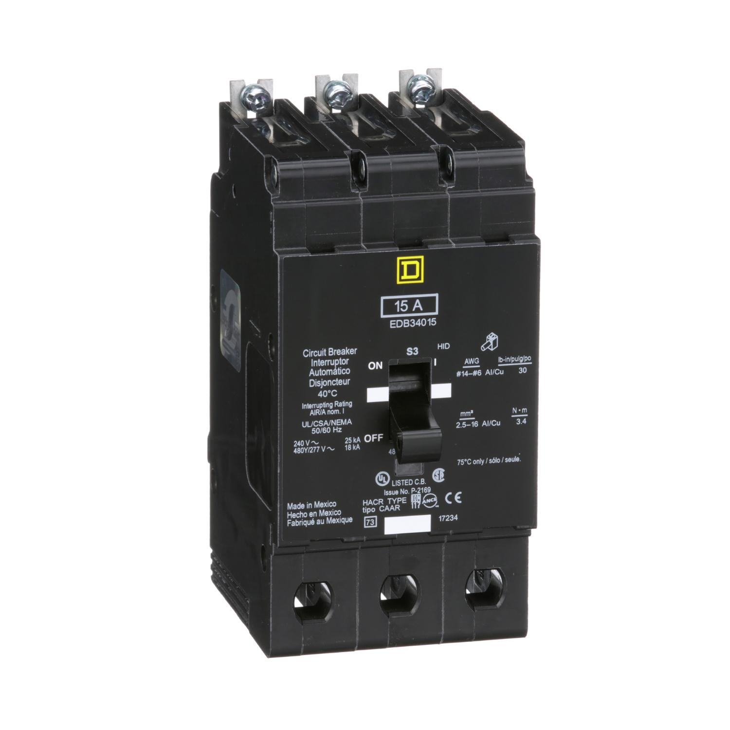 Product image for MINI CIRCUIT BREAKER, E-FRAME, 15A, 3 POLE, 480Y/277VAC, 25KA MAX, BOLT ON [TAA]