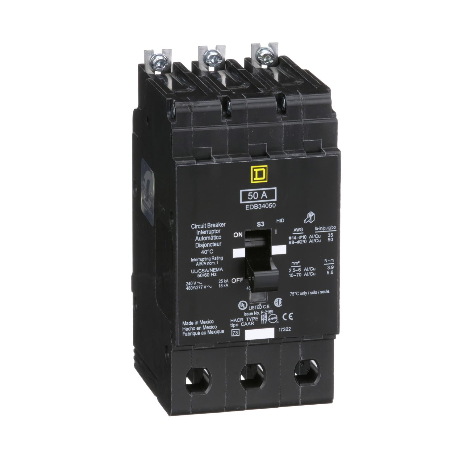 Product image for MINI CIRCUIT BREAKER, E-FRAME, 50A, 3 POLE, 480Y/277VAC, 25KA MAX, BOLT ON [TAA]