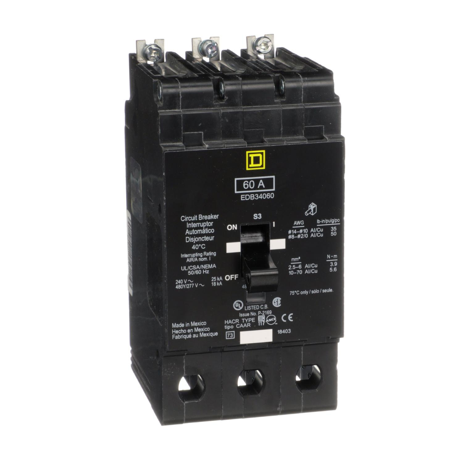 Product image for MINI CIRCUIT BREAKER, E-FRAME, 60A, 3 POLE, 480Y/277VAC, 25KA MAX, BOLT ON [TAA]