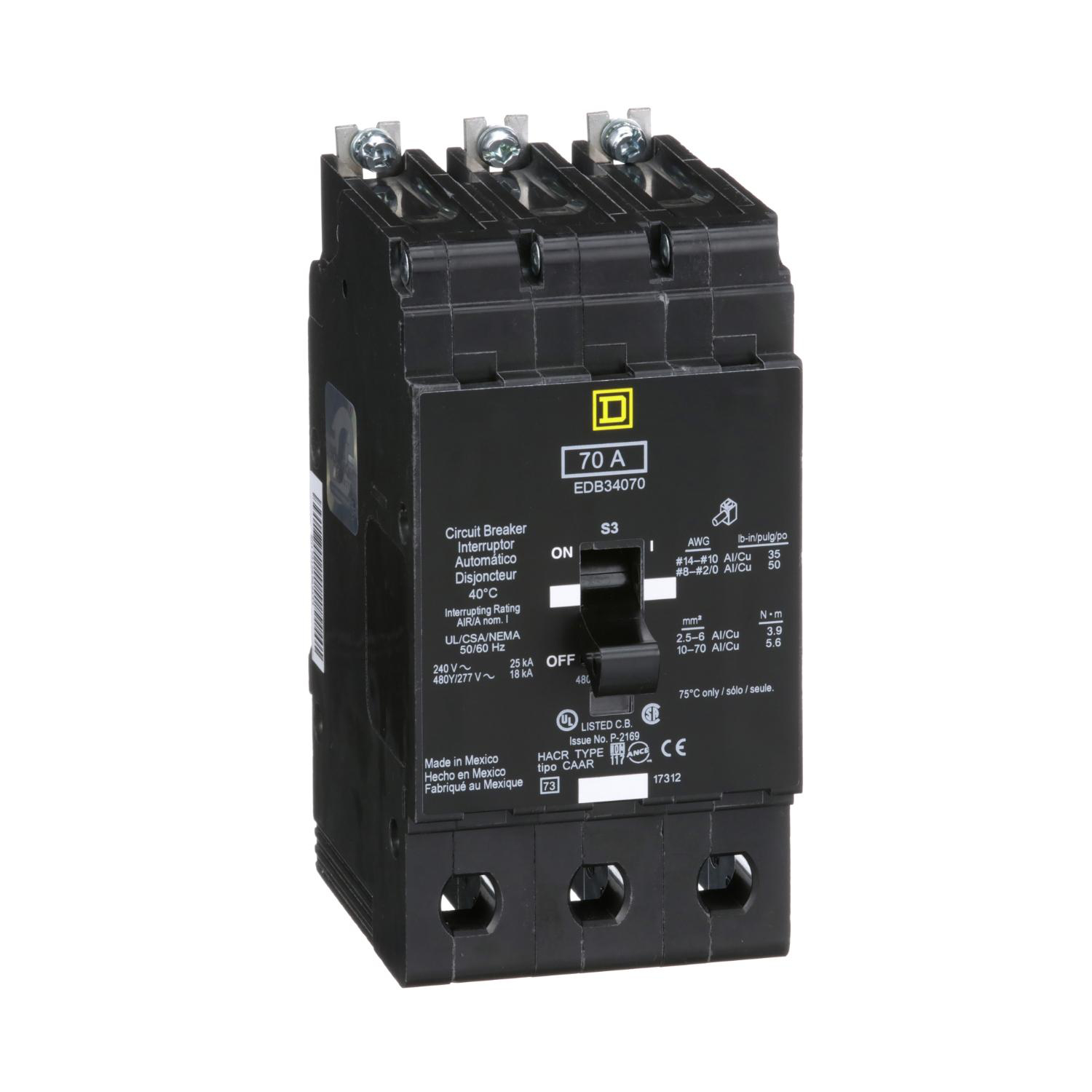 Product image for MINI CIRCUIT BREAKER, E-FRAME, 70A, 3 POLE, 480Y/277VAC, 25KA MAX, BOLT ON [TAA]
