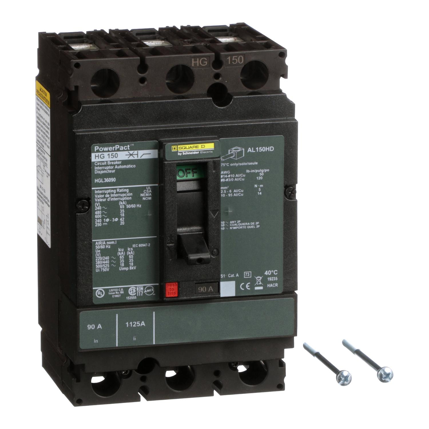 Product image for CIRCUIT BREAKER, POWERPACT H, 90A, 3 POLE, 600VAC, 18KA, LUGS, THERMAL MAGNETIC, 80%