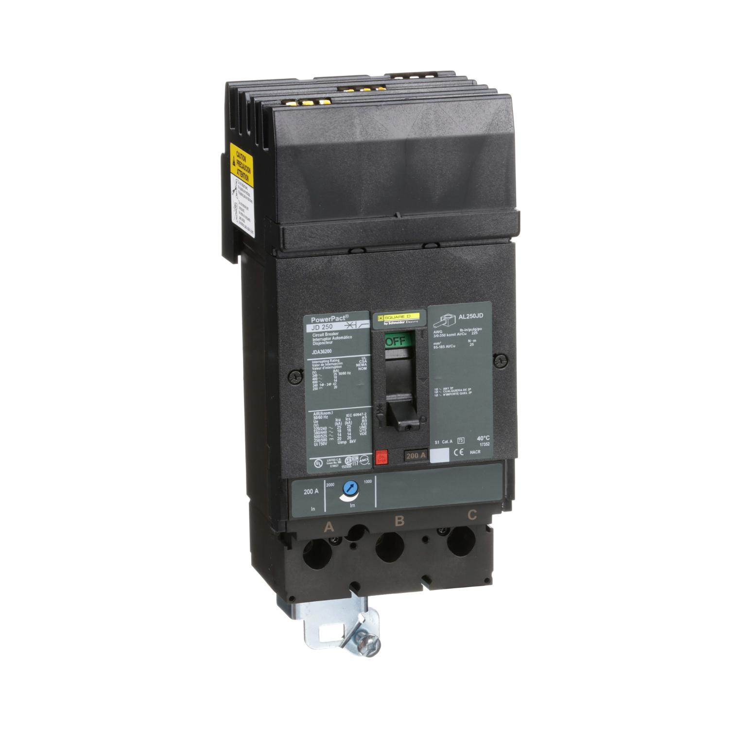 Product image for CIRCUIT BREAKER, POWERPACT J, 200A, 3 POLE, 600VAC, 14KA, I-LINE, THERMAL MAGNETIC, 80%, ABC