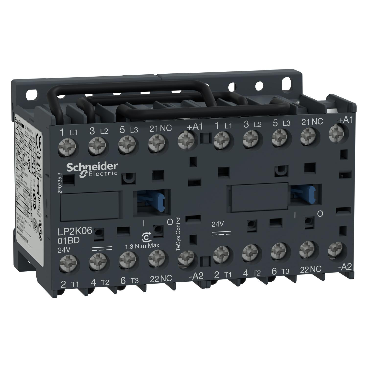 Product image for REVERSING CONTACTOR, TESYS K, 3P, AC-3, LT OR EQ TO 440V 12 A, 1 NC, 24VDC COIL