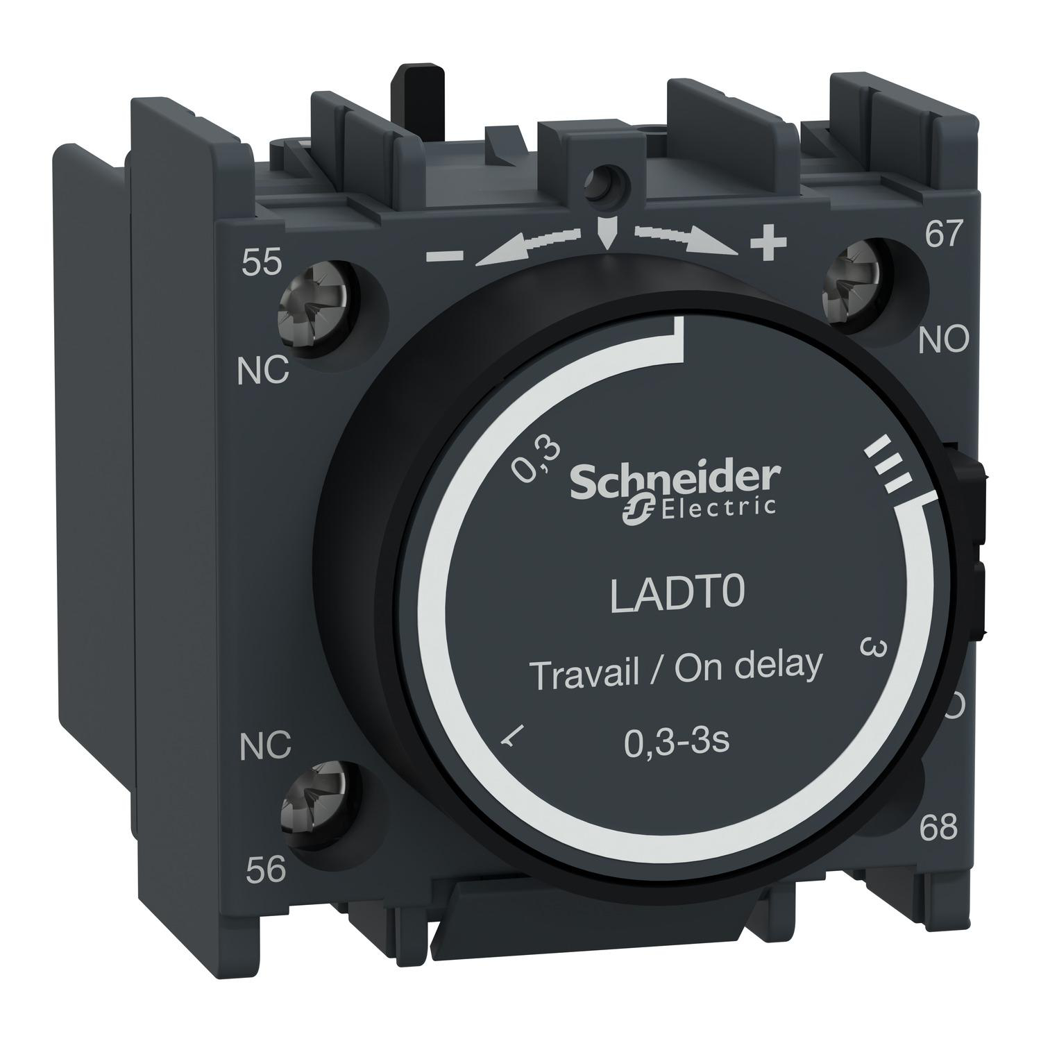 Product image for TIME DELAY AUXILIARY CONTACT BLOCK, TESYS DECA, 1NO + 1NC, ON DELAY 0.3-3S, FRONT, SCREW CLAMP TERMINALS