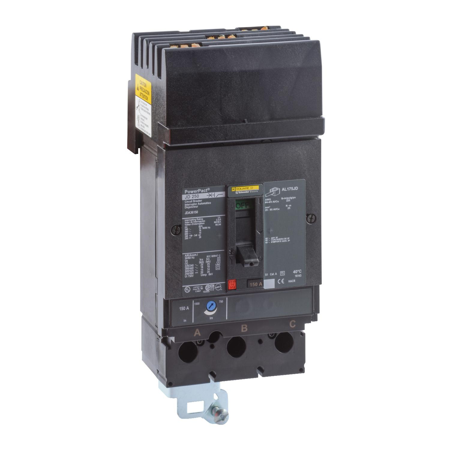 Product image for CIRCUIT BREAKER, POWERPACT J, 150A, 3 POLE, 600VAC, 14KA, I-LINE, THERMAL MAGNETIC, 80%, ABC